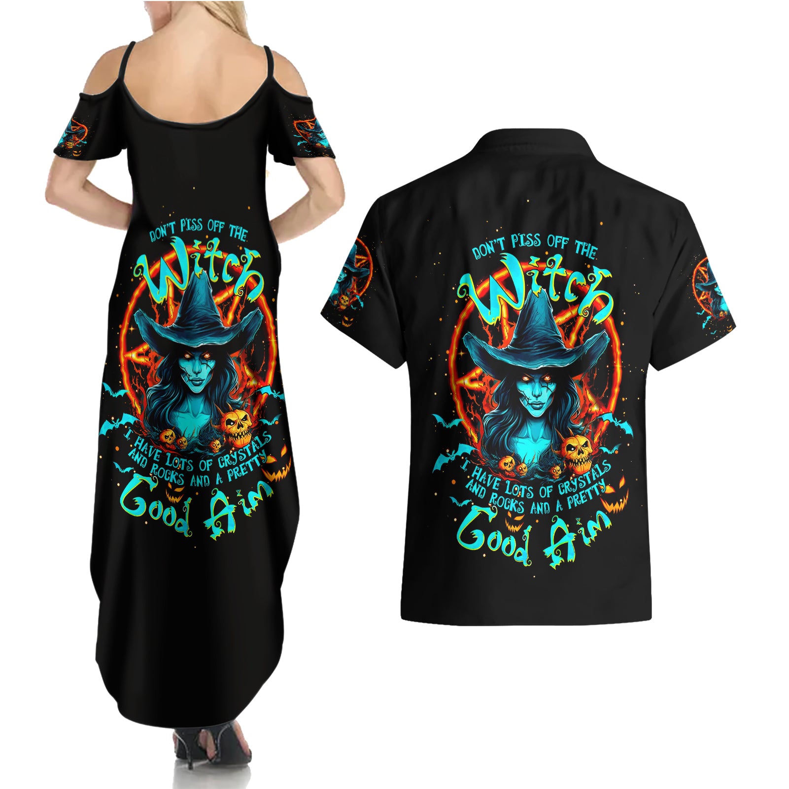 Witch Skull Couples Matching Summer Maxi Dress and Hawaiian Shirt Don't Pss Off The Witch - Wonder Print Shop