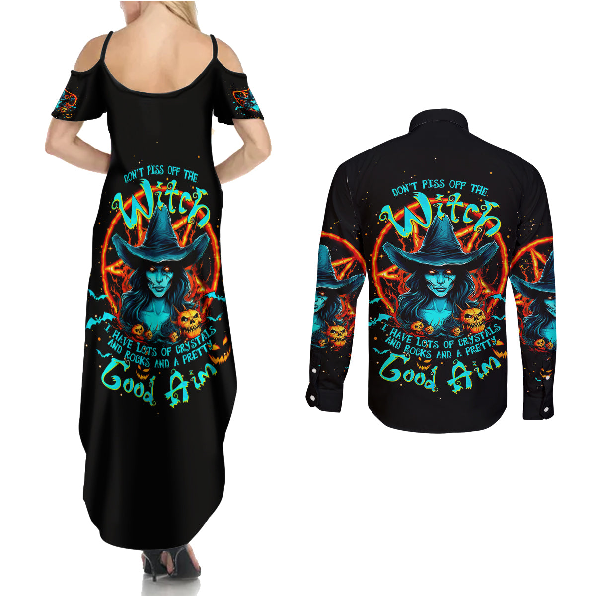 Witch Skull Couples Matching Summer Maxi Dress and Long Sleeve Button Shirt Don't Pss Off The Witch - Wonder Print Shop