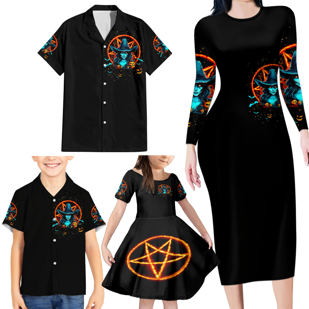 Witch Skull Family Matching Long Sleeve Bodycon Dress and Hawaiian Shirt Don't Pss Off The Witch - Wonder Print Shop