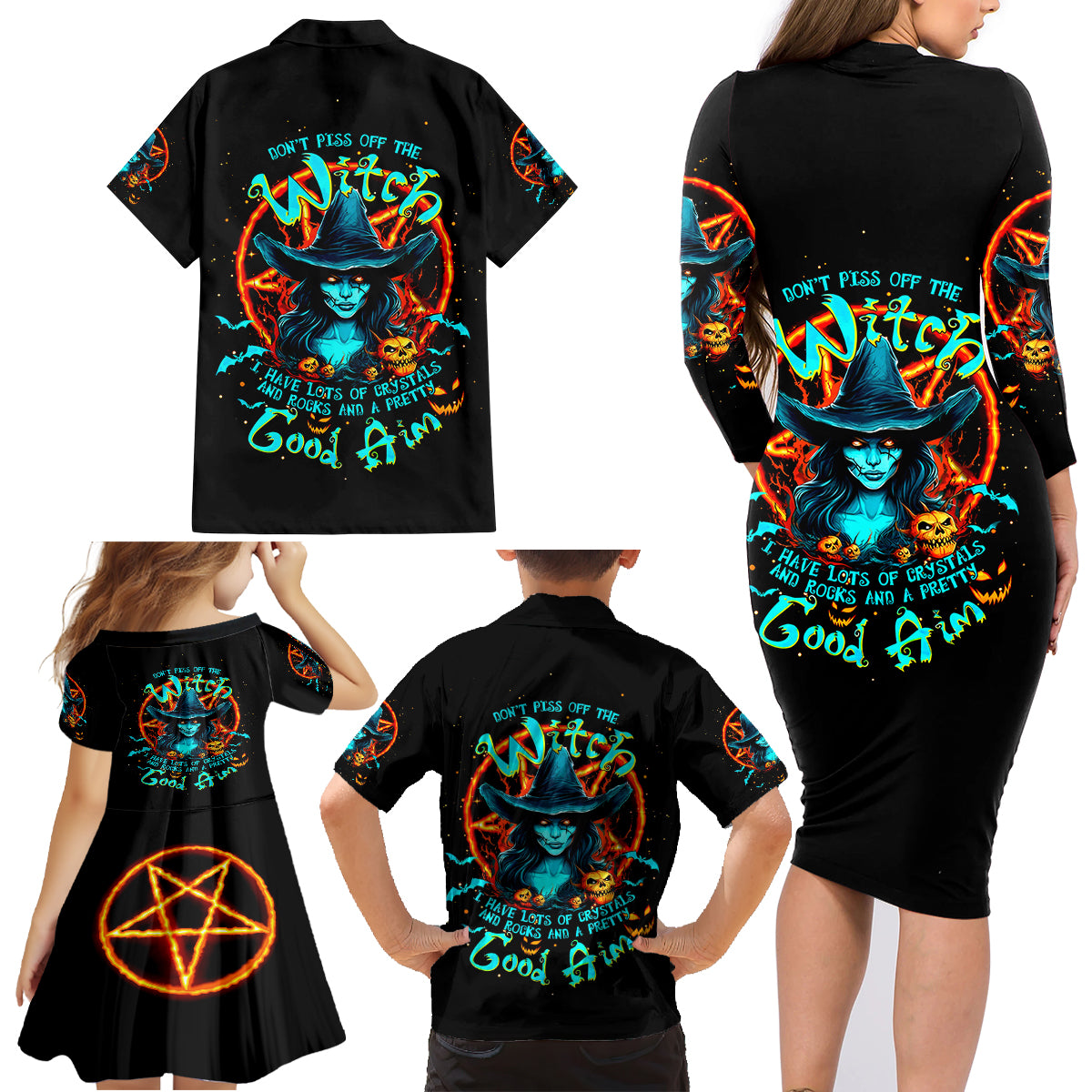 Witch Skull Family Matching Long Sleeve Bodycon Dress and Hawaiian Shirt Don't Pss Off The Witch - Wonder Print Shop