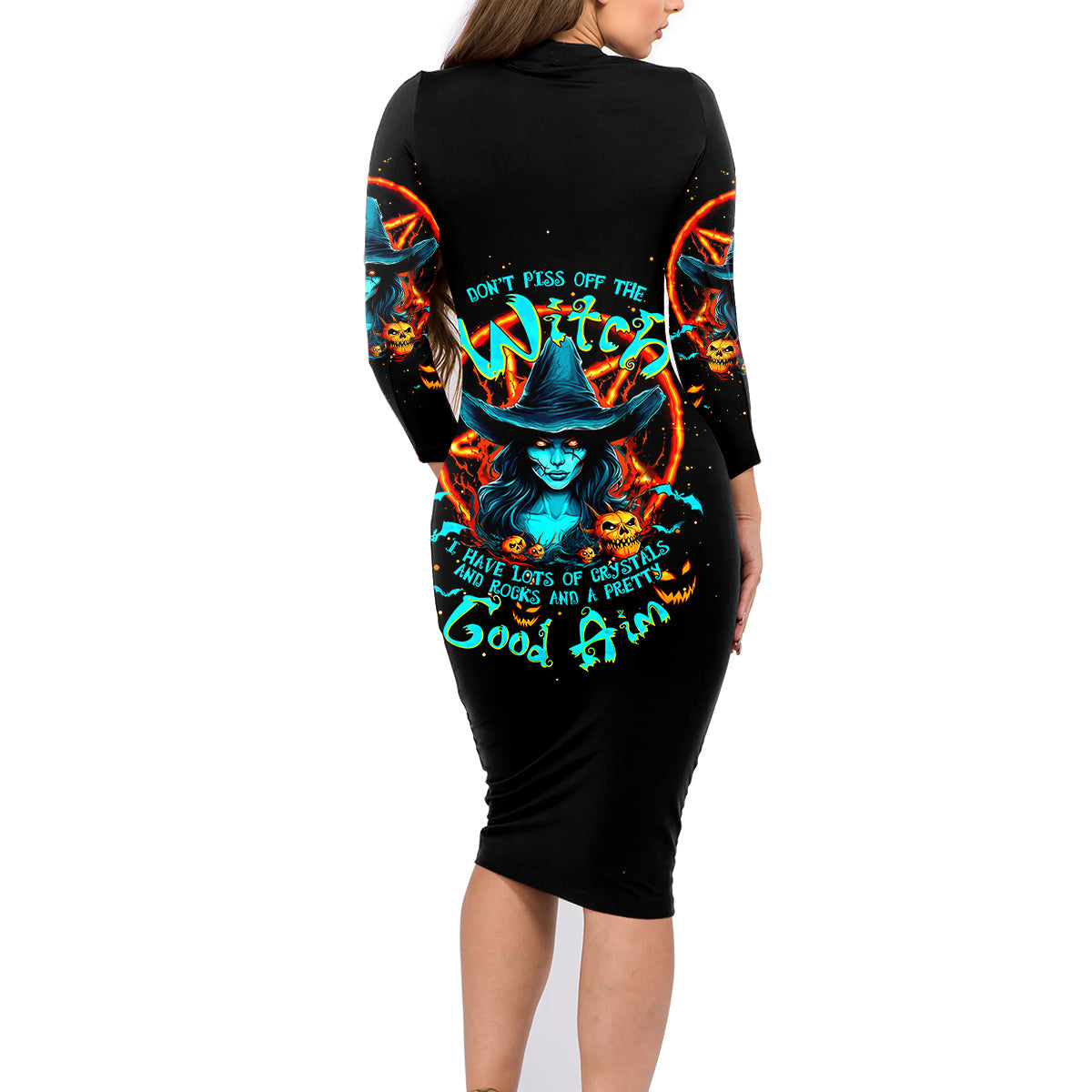 Witch Skull Family Matching Long Sleeve Bodycon Dress and Hawaiian Shirt Don't Pss Off The Witch - Wonder Print Shop