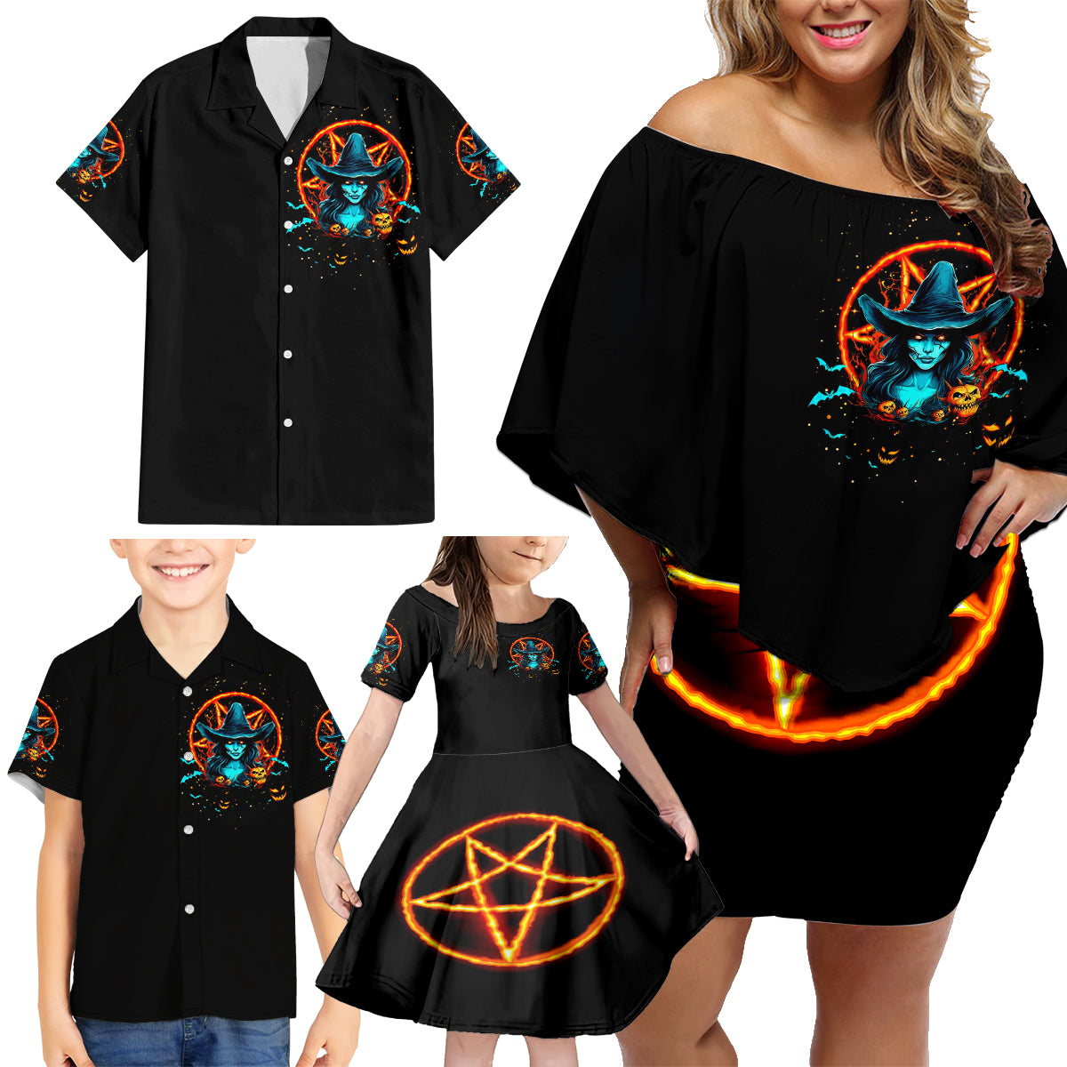 Witch Skull Family Matching Off Shoulder Short Dress and Hawaiian Shirt Don't Pss Off The Witch - Wonder Print Shop