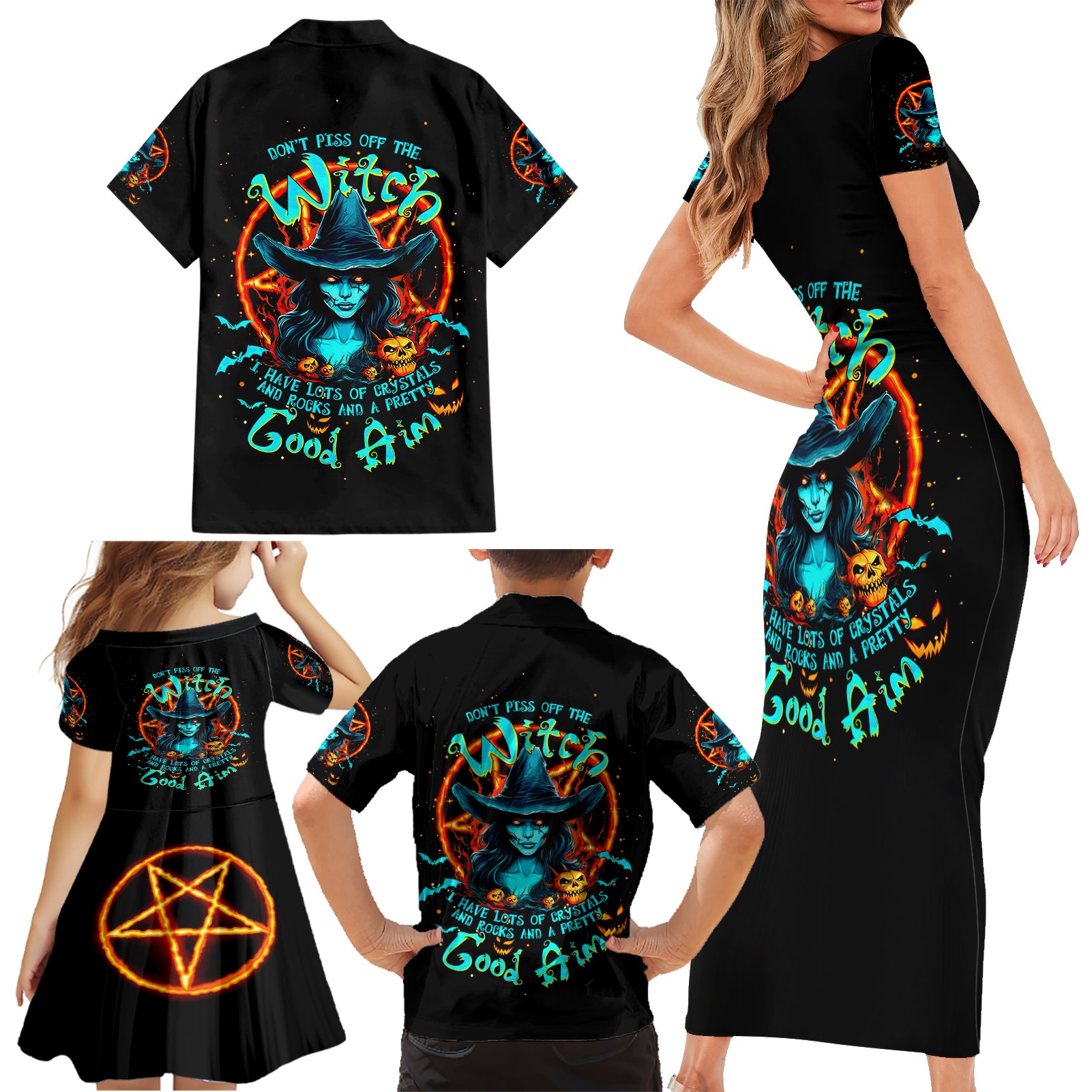 Witch Skull Family Matching Short Sleeve Bodycon Dress and Hawaiian Shirt Don't Pss Off The Witch - Wonder Print Shop