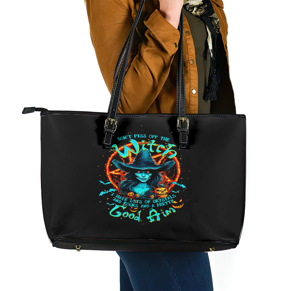 Witch Skull Leather Tote Bag Don't Pss Off The Witch - Wonder Print Shop