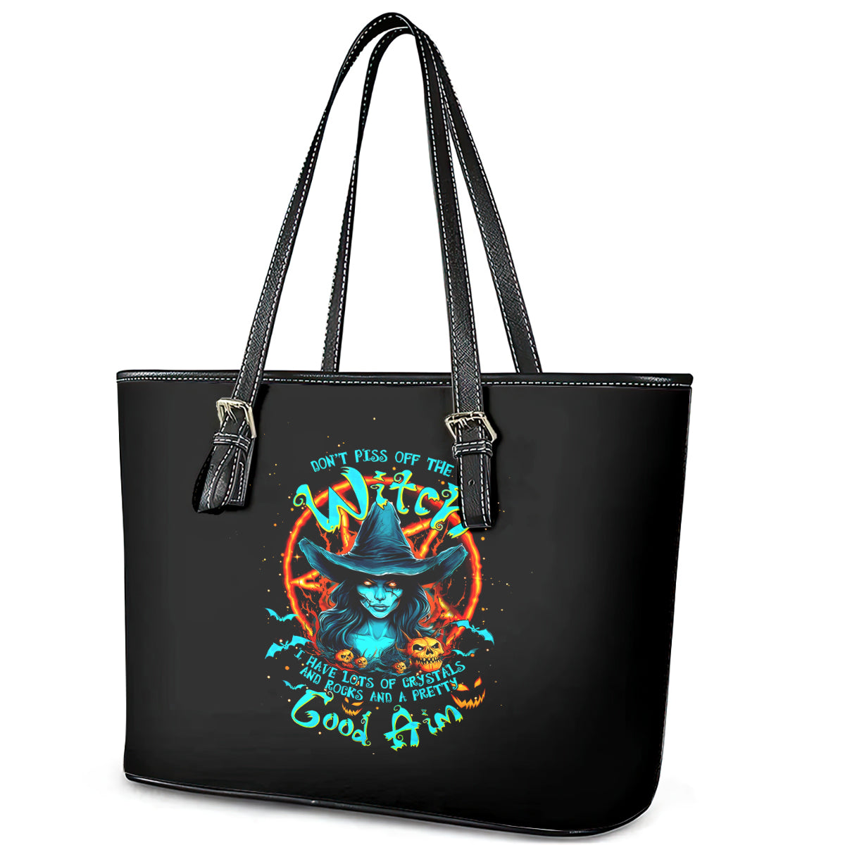 Witch Skull Leather Tote Bag Don't Pss Off The Witch - Wonder Print Shop