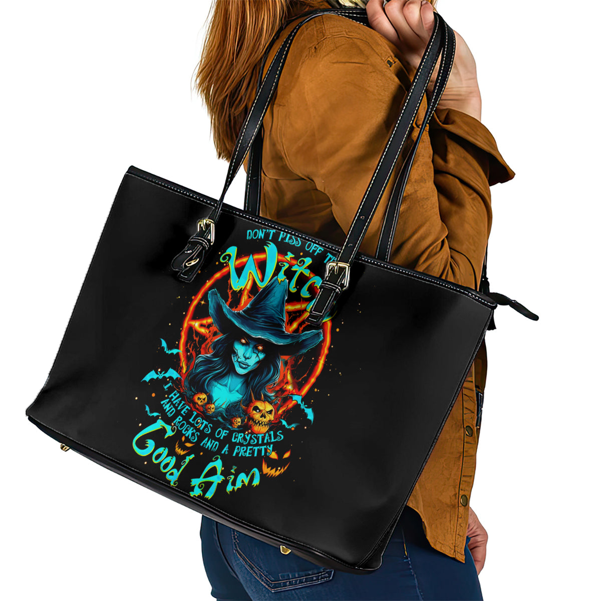 Witch Skull Leather Tote Bag Don't Pss Off The Witch - Wonder Print Shop