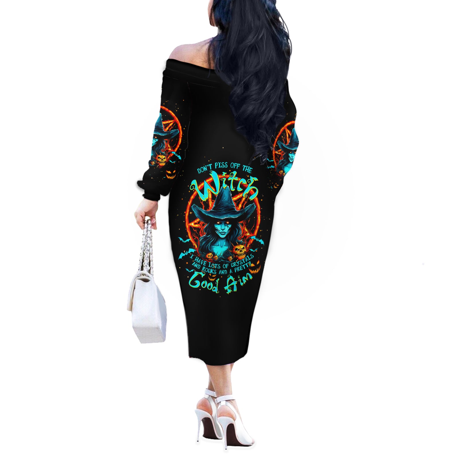 Witch Skull Off The Shoulder Long Sleeve Dress Don't Pss Off The Witch - Wonder Print Shop