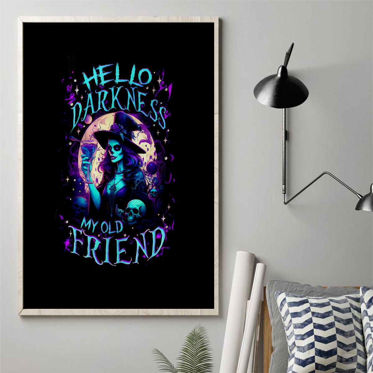 Witch Skull Canvas Wall Art Hello Darkness My Old Friend - Wonder Print Shop