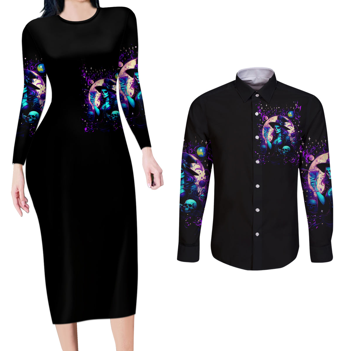 Witch Skull Couples Matching Long Sleeve Bodycon Dress and Long Sleeve Button Shirt Hello Darkness My Old Friend - Wonder Print Shop
