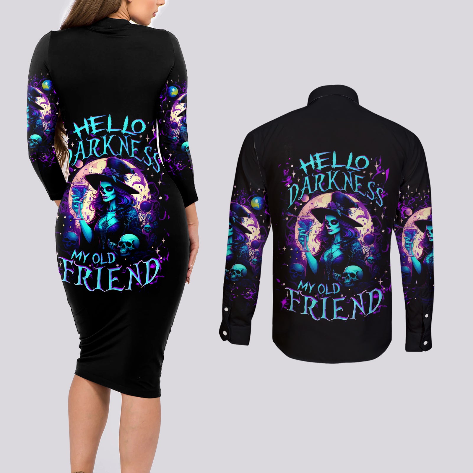 Witch Skull Couples Matching Long Sleeve Bodycon Dress and Long Sleeve Button Shirt Hello Darkness My Old Friend - Wonder Print Shop