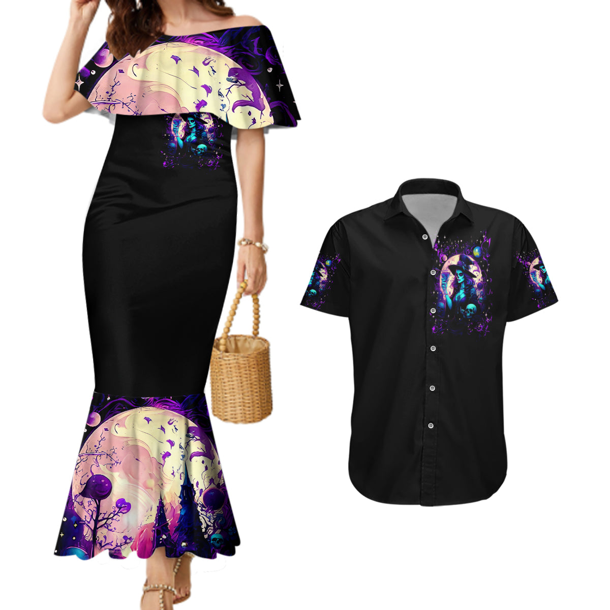 Witch Skull Couples Matching Mermaid Dress and Hawaiian Shirt Hello Darkness My Old Friend - Wonder Print Shop
