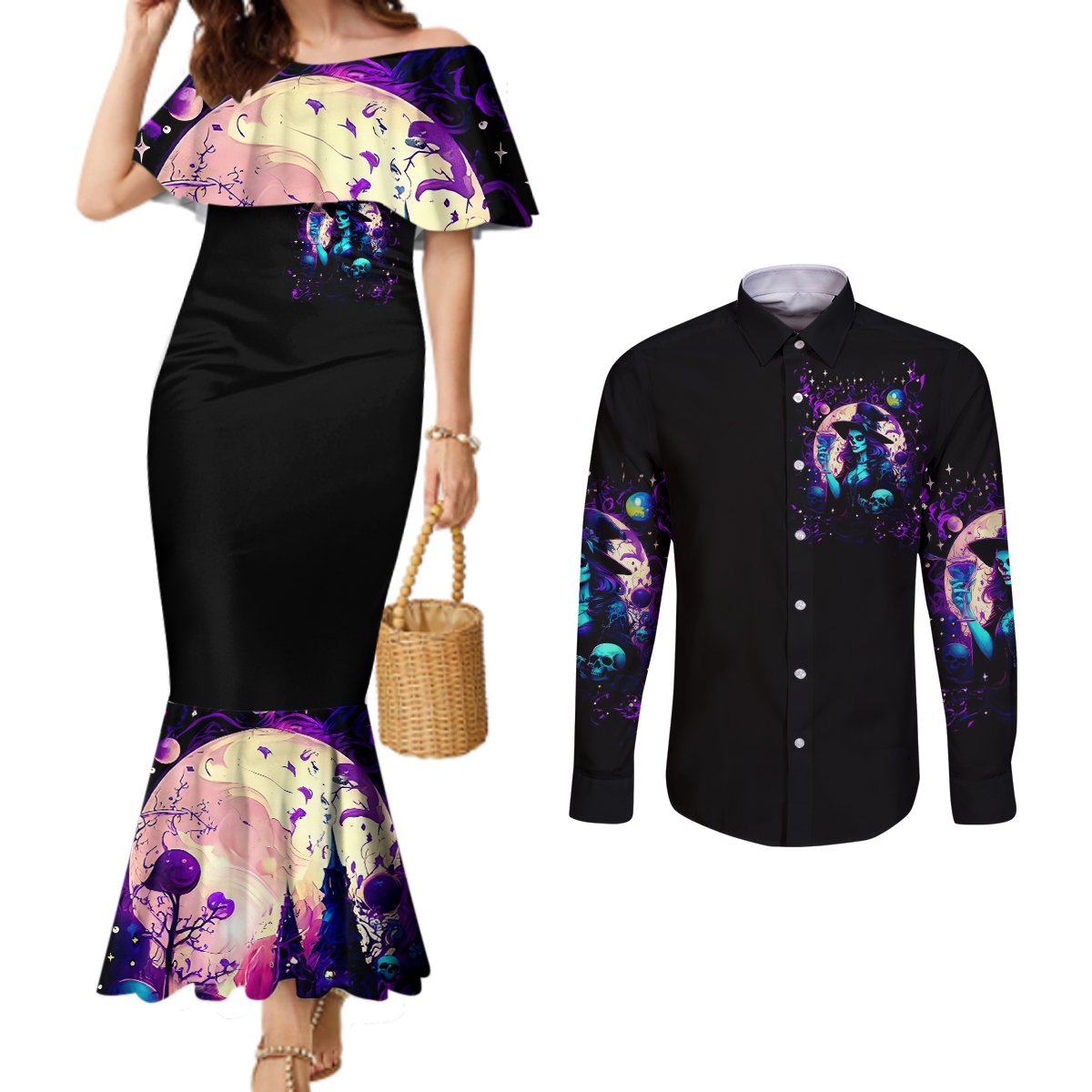 Witch Skull Couples Matching Mermaid Dress and Long Sleeve Button Shirt Hello Darkness My Old Friend DT01