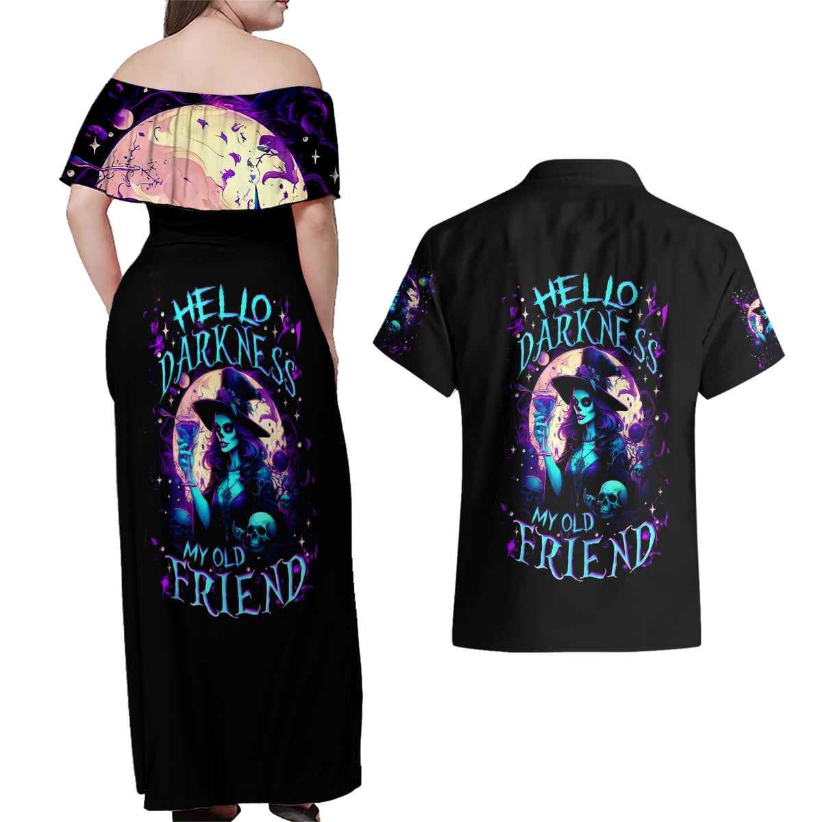 Witch Skull Couples Matching Off Shoulder Maxi Dress and Hawaiian Shirt Hello Darkness My Old Friend - Wonder Print Shop