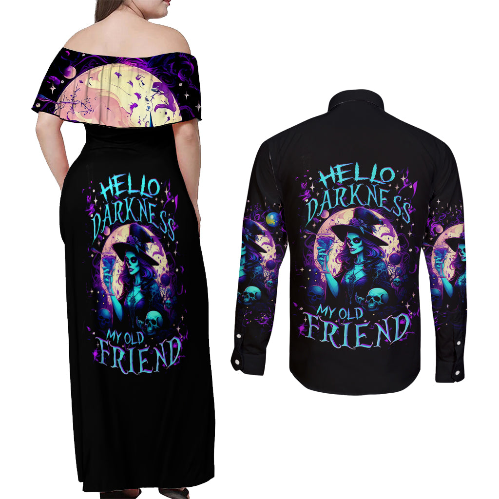 Witch Skull Couples Matching Off Shoulder Maxi Dress and Long Sleeve Button Shirt Hello Darkness My Old Friend - Wonder Print Shop