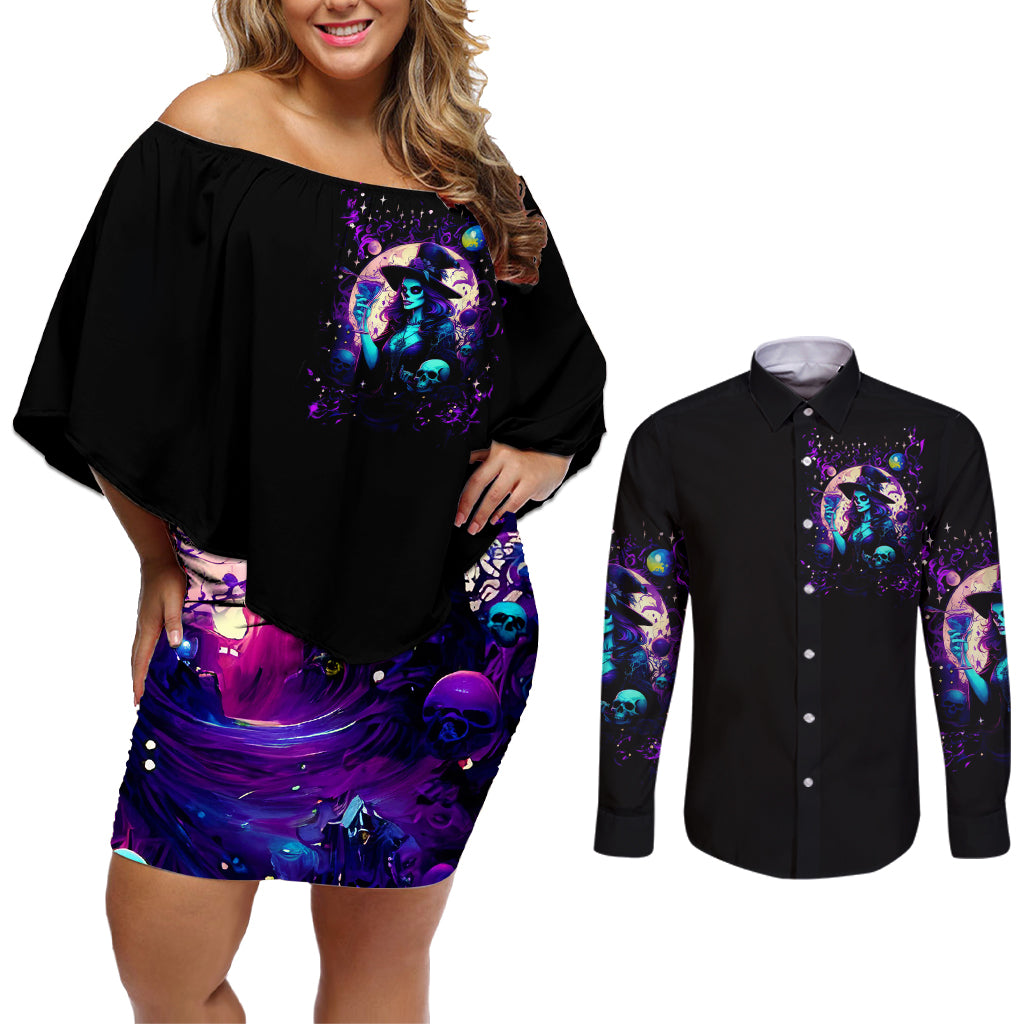 Witch Skull Couples Matching Off Shoulder Short Dress and Long Sleeve Button Shirt Hello Darkness My Old Friend - Wonder Print Shop