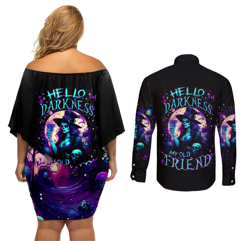 Witch Skull Couples Matching Off Shoulder Short Dress and Long Sleeve Button Shirt Hello Darkness My Old Friend - Wonder Print Shop