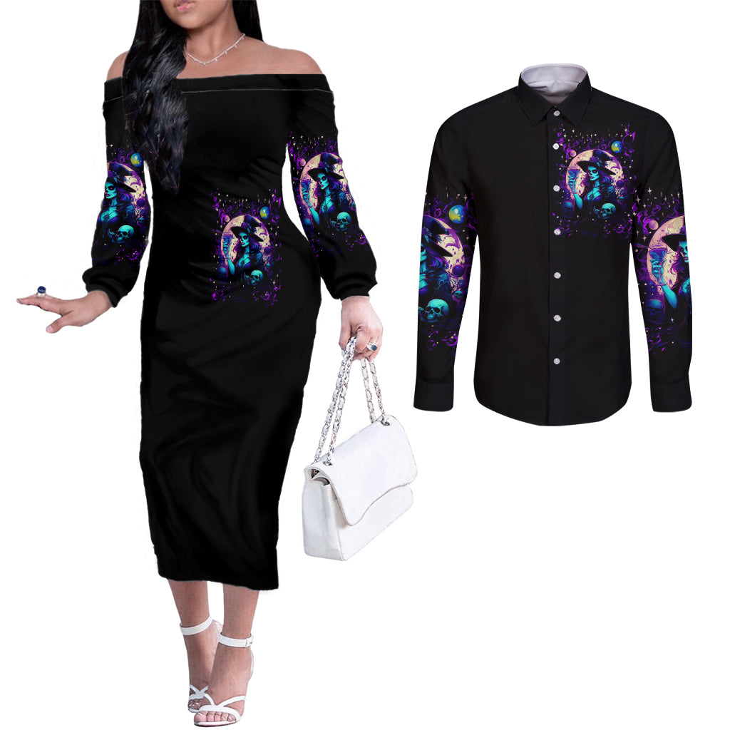 Witch Skull Couples Matching Off The Shoulder Long Sleeve Dress and Long Sleeve Button Shirt Hello Darkness My Old Friend DT01