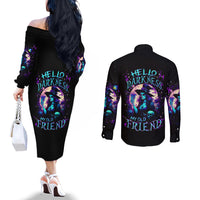 Witch Skull Couples Matching Off The Shoulder Long Sleeve Dress and Long Sleeve Button Shirt Hello Darkness My Old Friend DT01