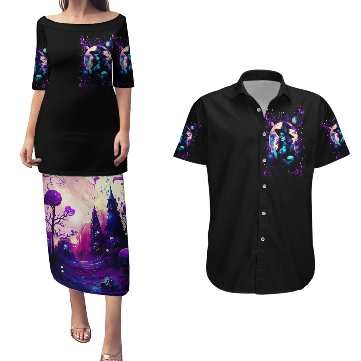 Witch Skull Couples Matching Puletasi Dress and Hawaiian Shirt Hello Darkness My Old Friend - Wonder Print Shop