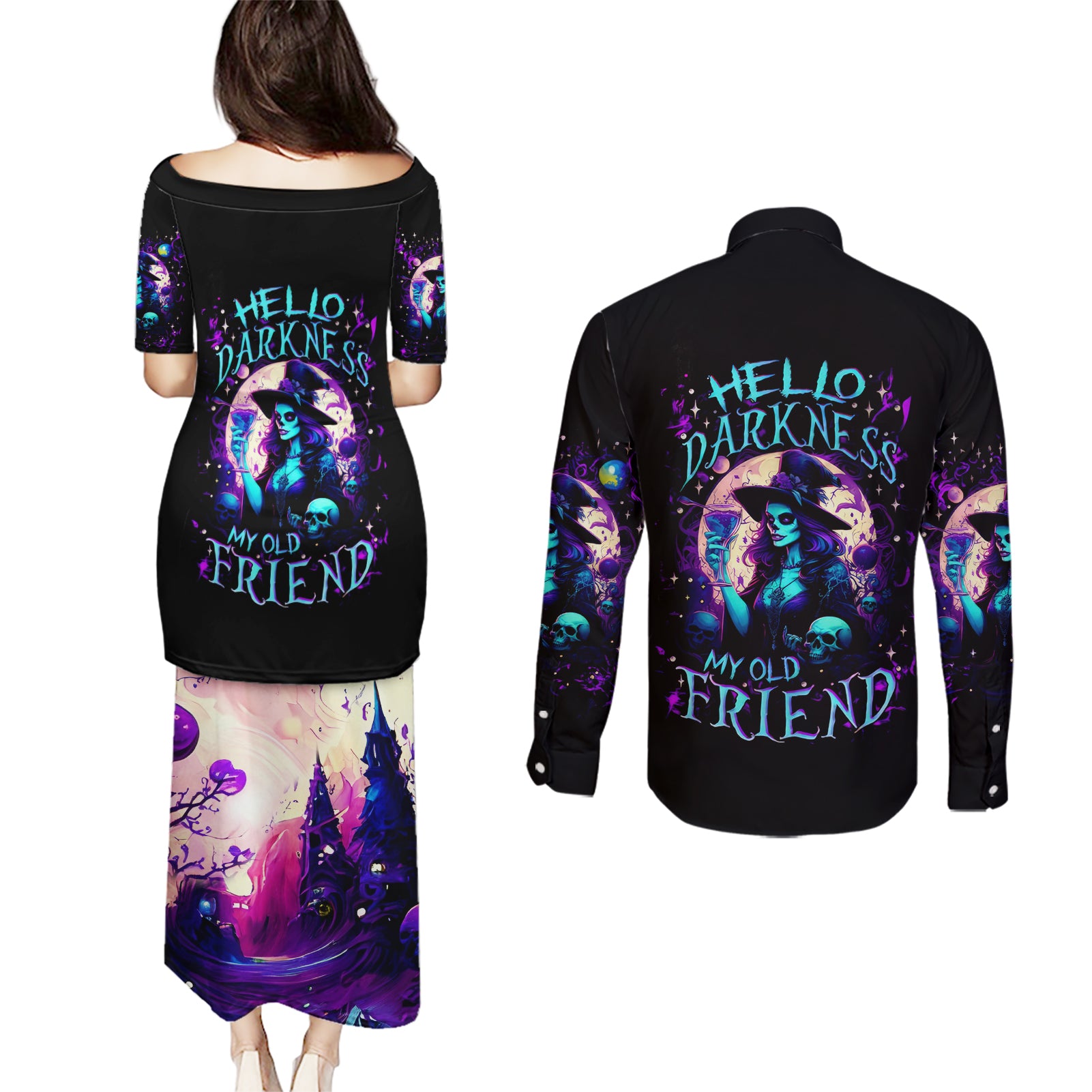 Witch Skull Couples Matching Puletasi Dress and Long Sleeve Button Shirt Hello Darkness My Old Friend - Wonder Print Shop