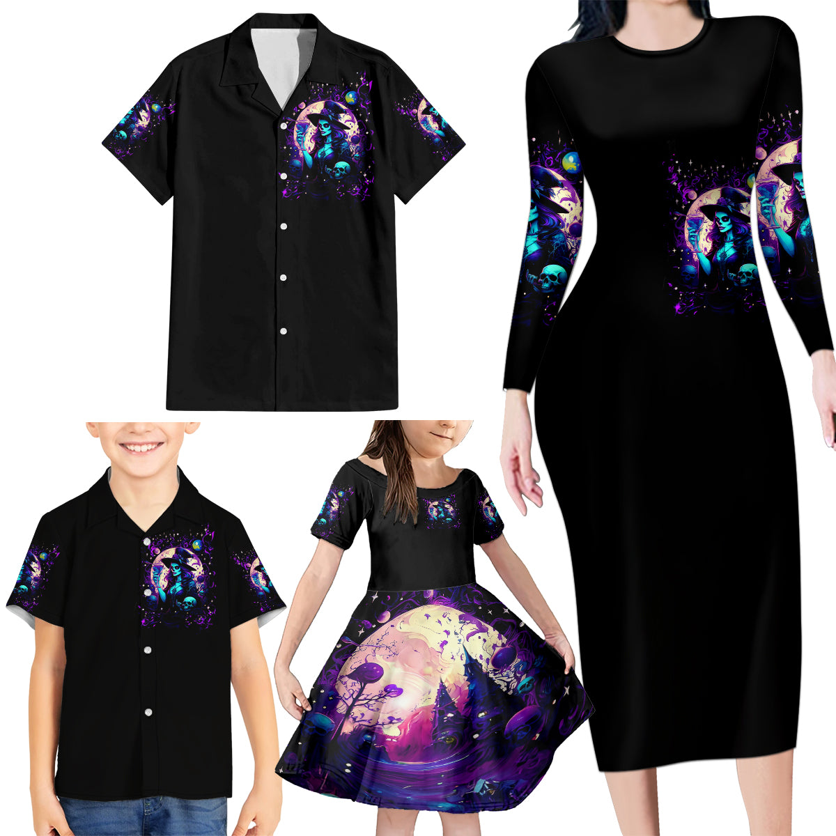 Witch Skull Family Matching Long Sleeve Bodycon Dress and Hawaiian Shirt Hello Darkness My Old Friend - Wonder Print Shop