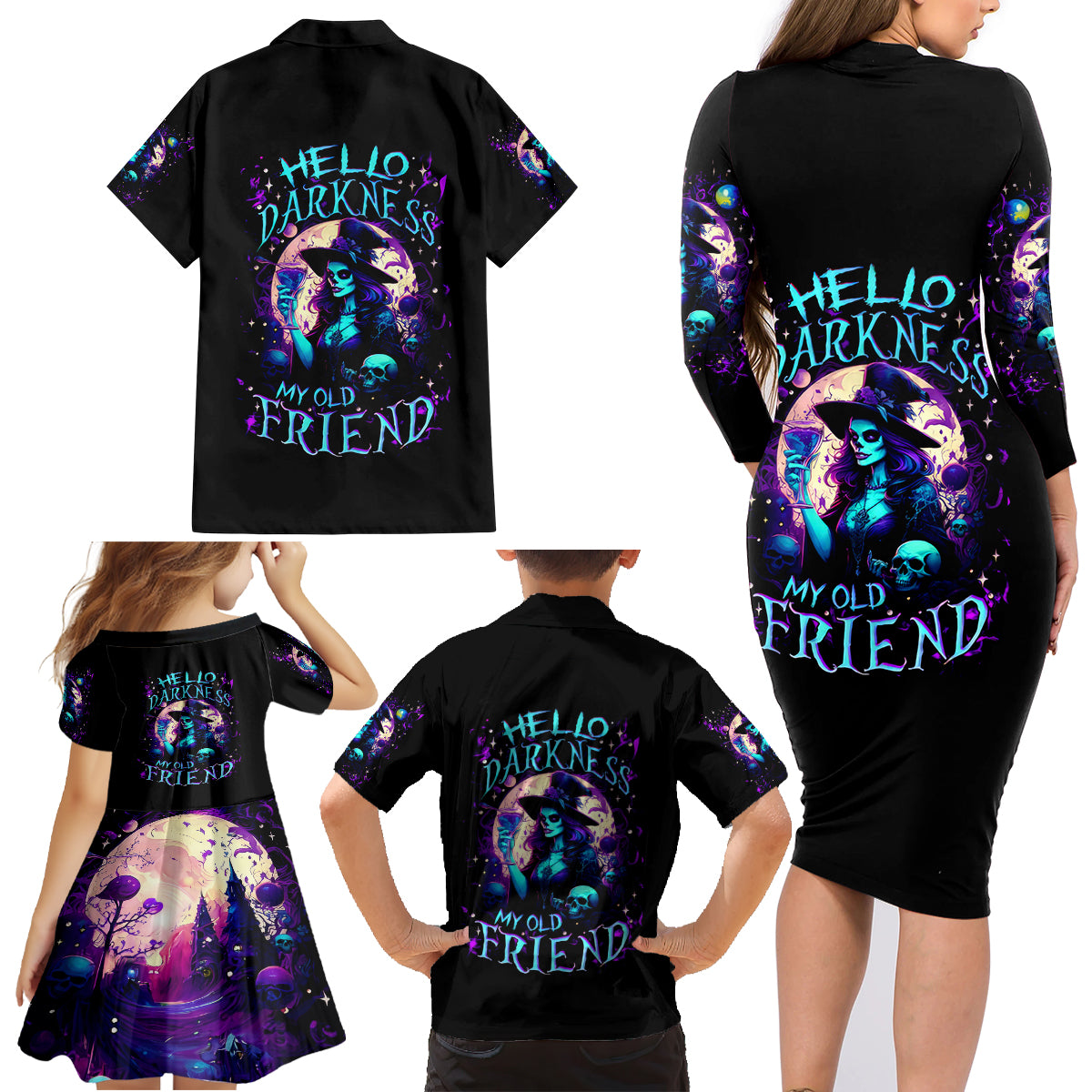 Witch Skull Family Matching Long Sleeve Bodycon Dress and Hawaiian Shirt Hello Darkness My Old Friend - Wonder Print Shop