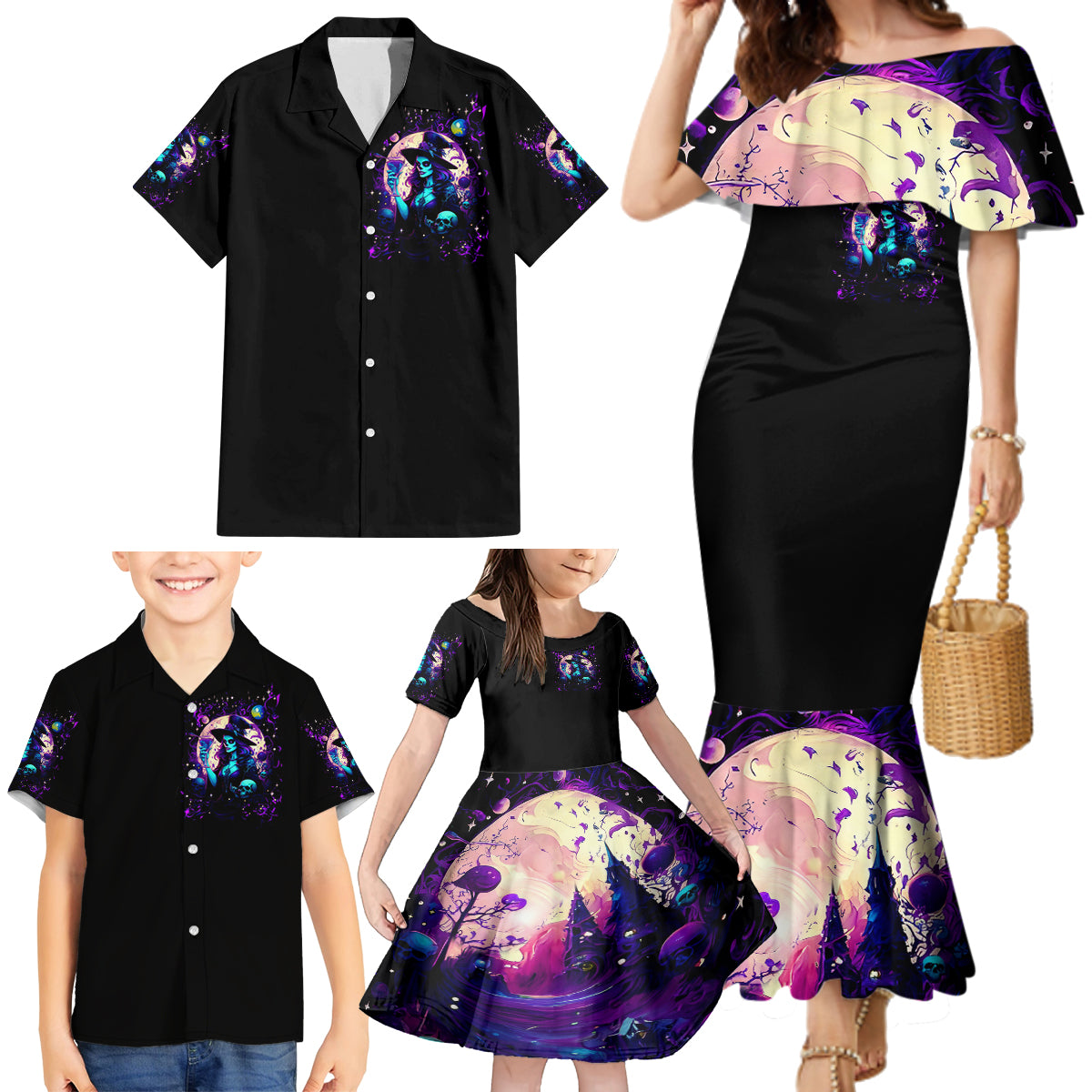 Witch Skull Family Matching Mermaid Dress and Hawaiian Shirt Hello Darkness My Old Friend - Wonder Print Shop