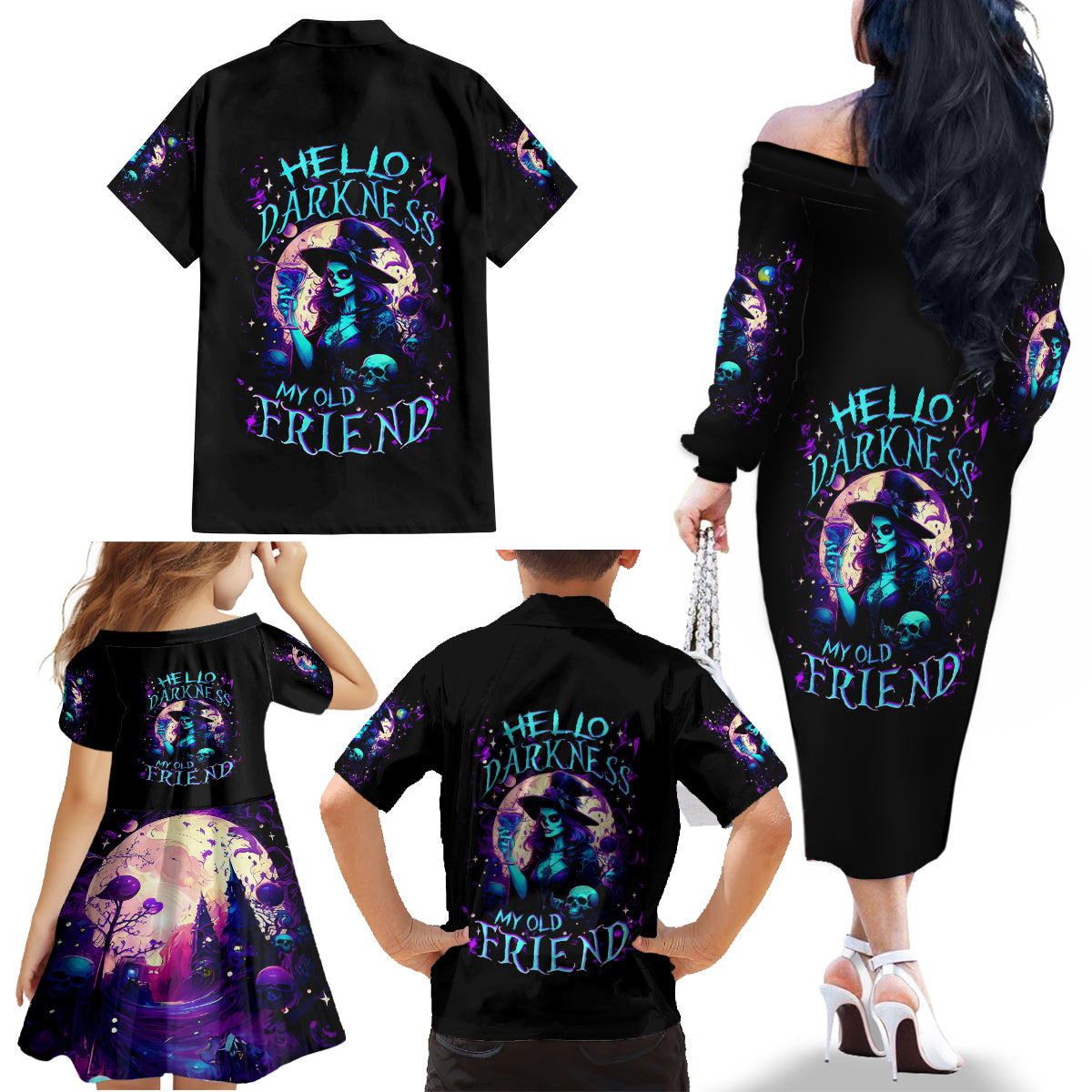 Witch Skull Family Matching Off Shoulder Long Sleeve Dress and Hawaiian Shirt Hello Darkness My Old Friend - Wonder Print Shop