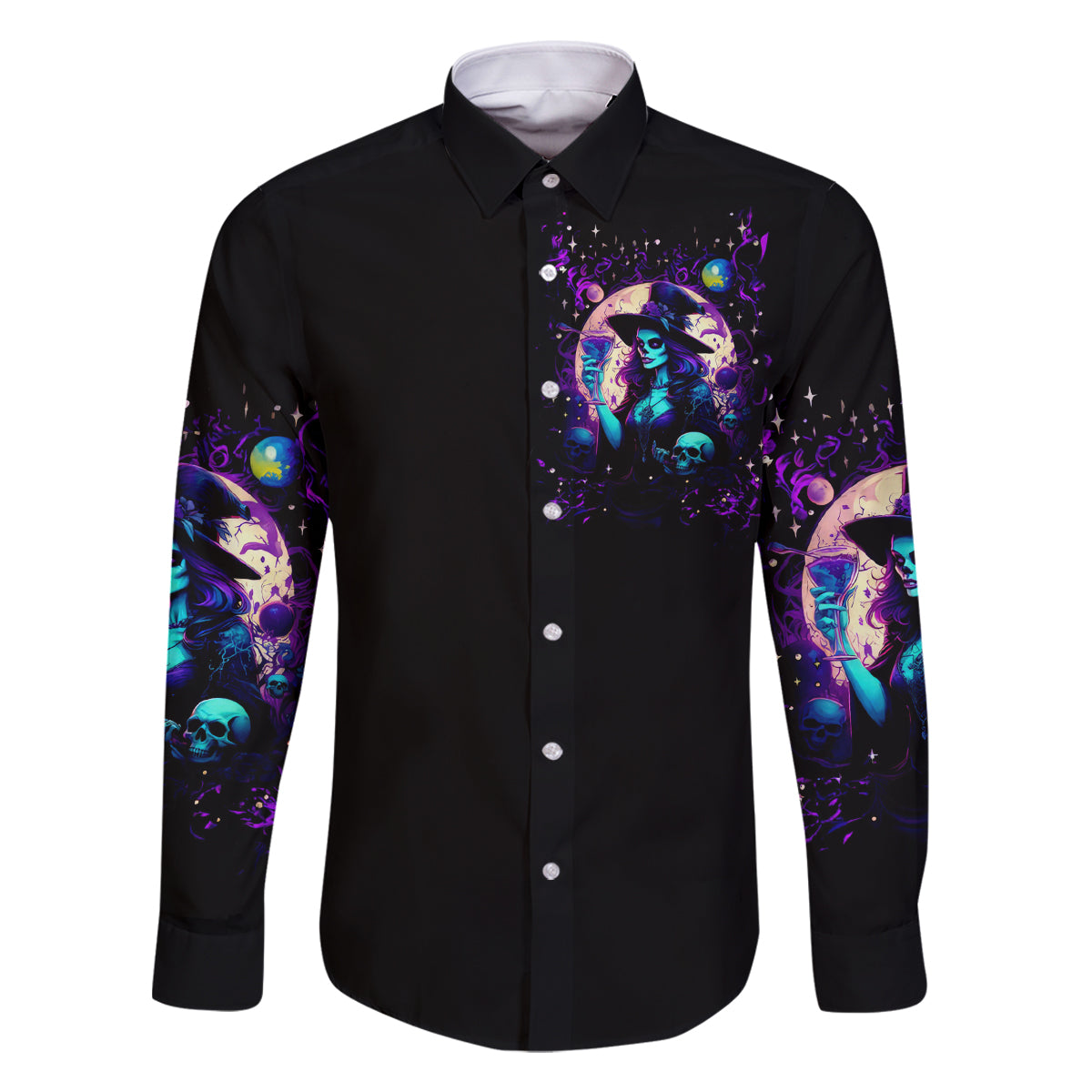 Witch Skull Family Matching Off Shoulder Long Sleeve Dress and Hawaiian Shirt Hello Darkness My Old Friend - Wonder Print Shop