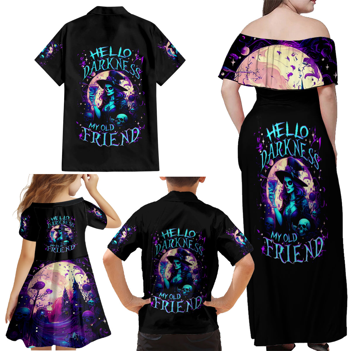 Witch Skull Family Matching Off Shoulder Maxi Dress and Hawaiian Shirt Hello Darkness My Old Friend - Wonder Print Shop