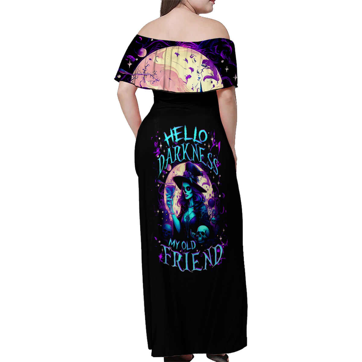 Witch Skull Family Matching Off Shoulder Maxi Dress and Hawaiian Shirt Hello Darkness My Old Friend - Wonder Print Shop
