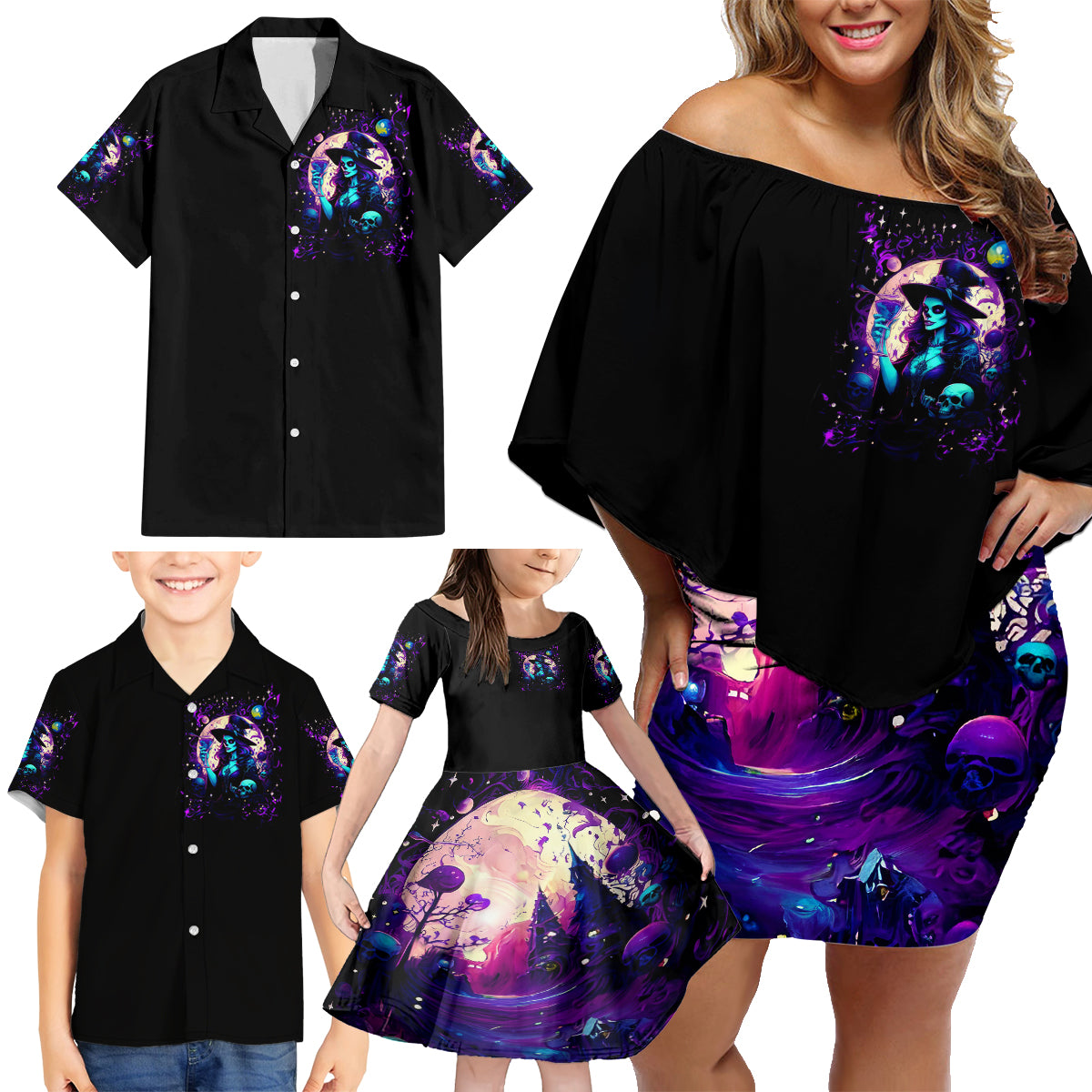 Witch Skull Family Matching Off Shoulder Short Dress and Hawaiian Shirt Hello Darkness My Old Friend - Wonder Print Shop