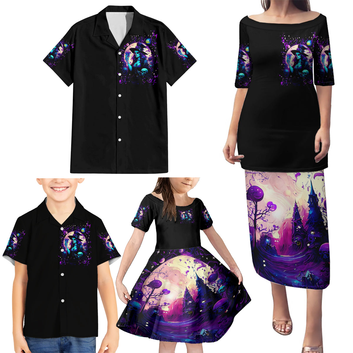 Witch Skull Family Matching Puletasi Dress and Hawaiian Shirt Hello Darkness My Old Friend - Wonder Print Shop