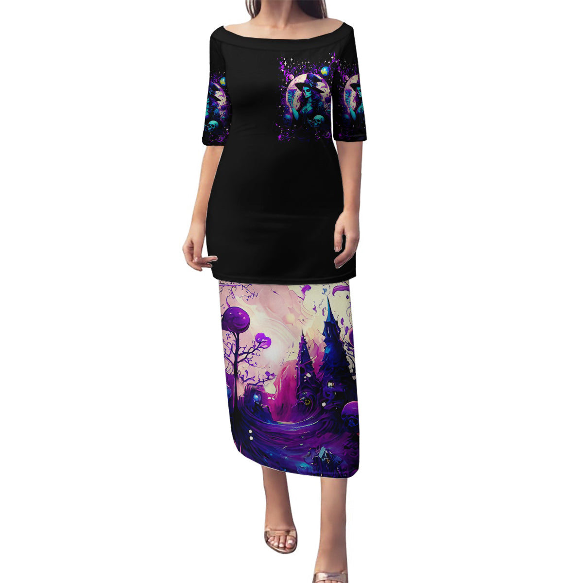 Witch Skull Family Matching Puletasi Dress and Hawaiian Shirt Hello Darkness My Old Friend - Wonder Print Shop
