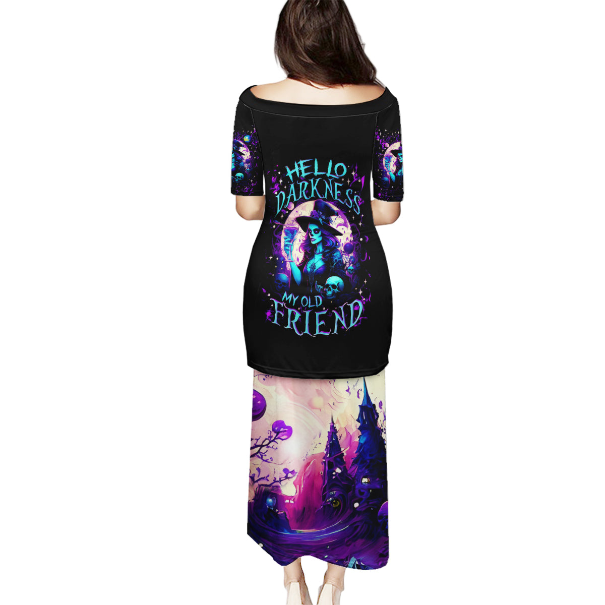 Witch Skull Family Matching Puletasi Dress and Hawaiian Shirt Hello Darkness My Old Friend - Wonder Print Shop