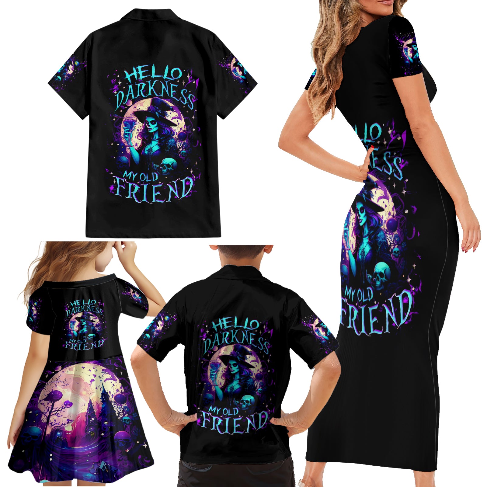 Witch Skull Family Matching Short Sleeve Bodycon Dress and Hawaiian Shirt Hello Darkness My Old Friend - Wonder Print Shop