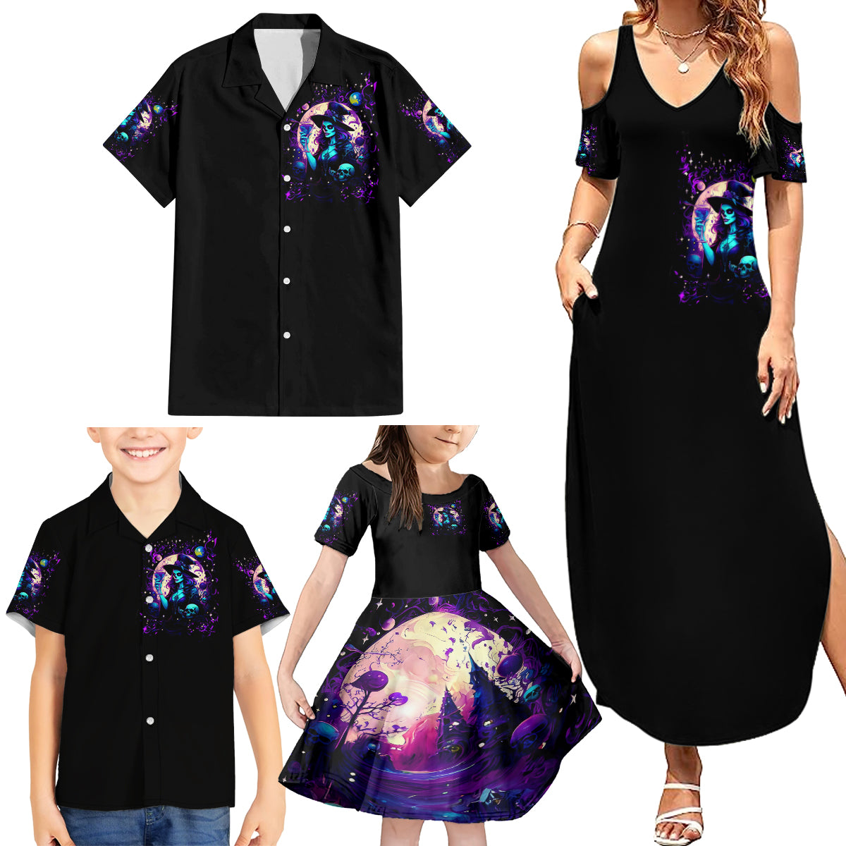 Witch Skull Family Matching Summer Maxi Dress and Hawaiian Shirt Hello Darkness My Old Friend - Wonder Print Shop
