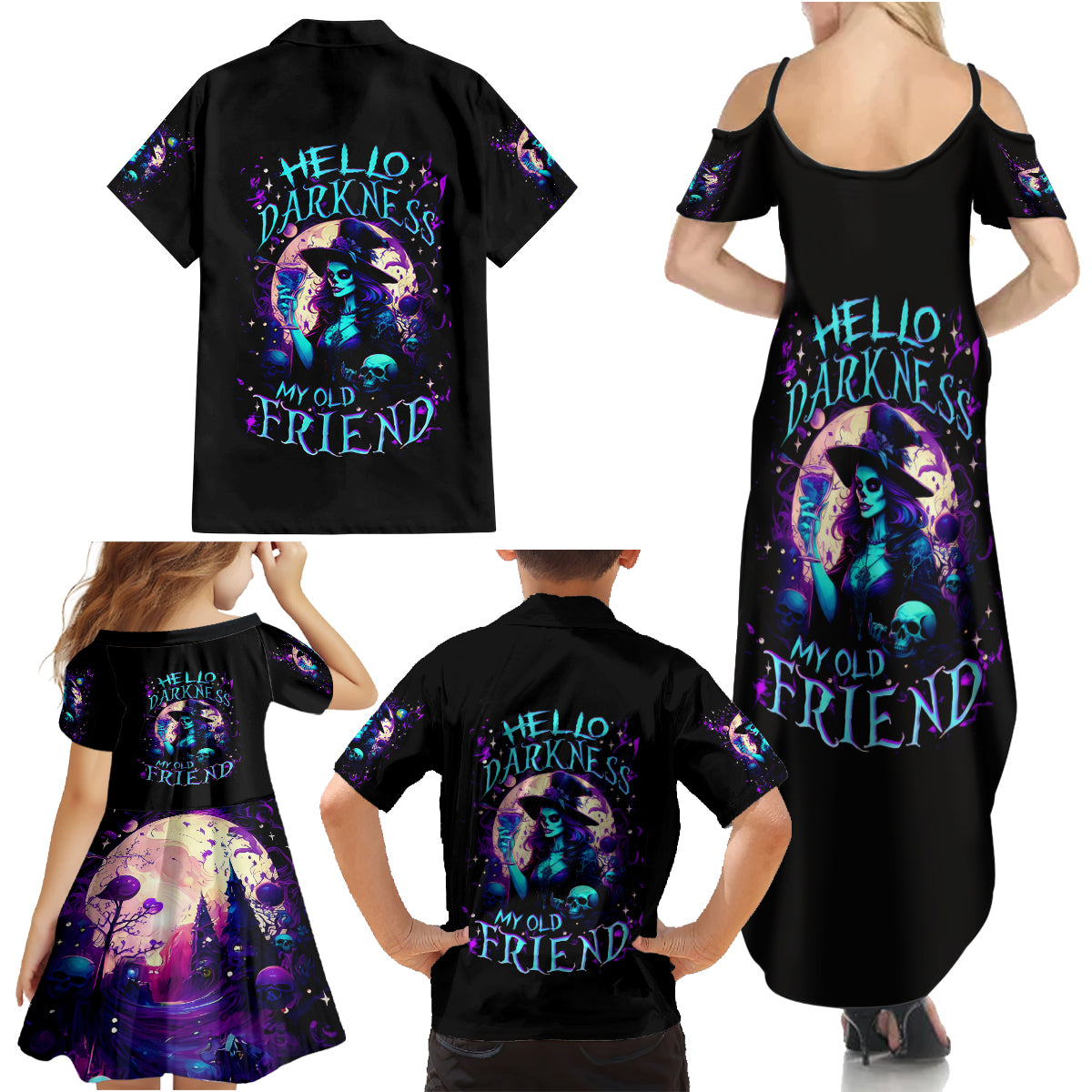 Witch Skull Family Matching Summer Maxi Dress and Hawaiian Shirt Hello Darkness My Old Friend - Wonder Print Shop