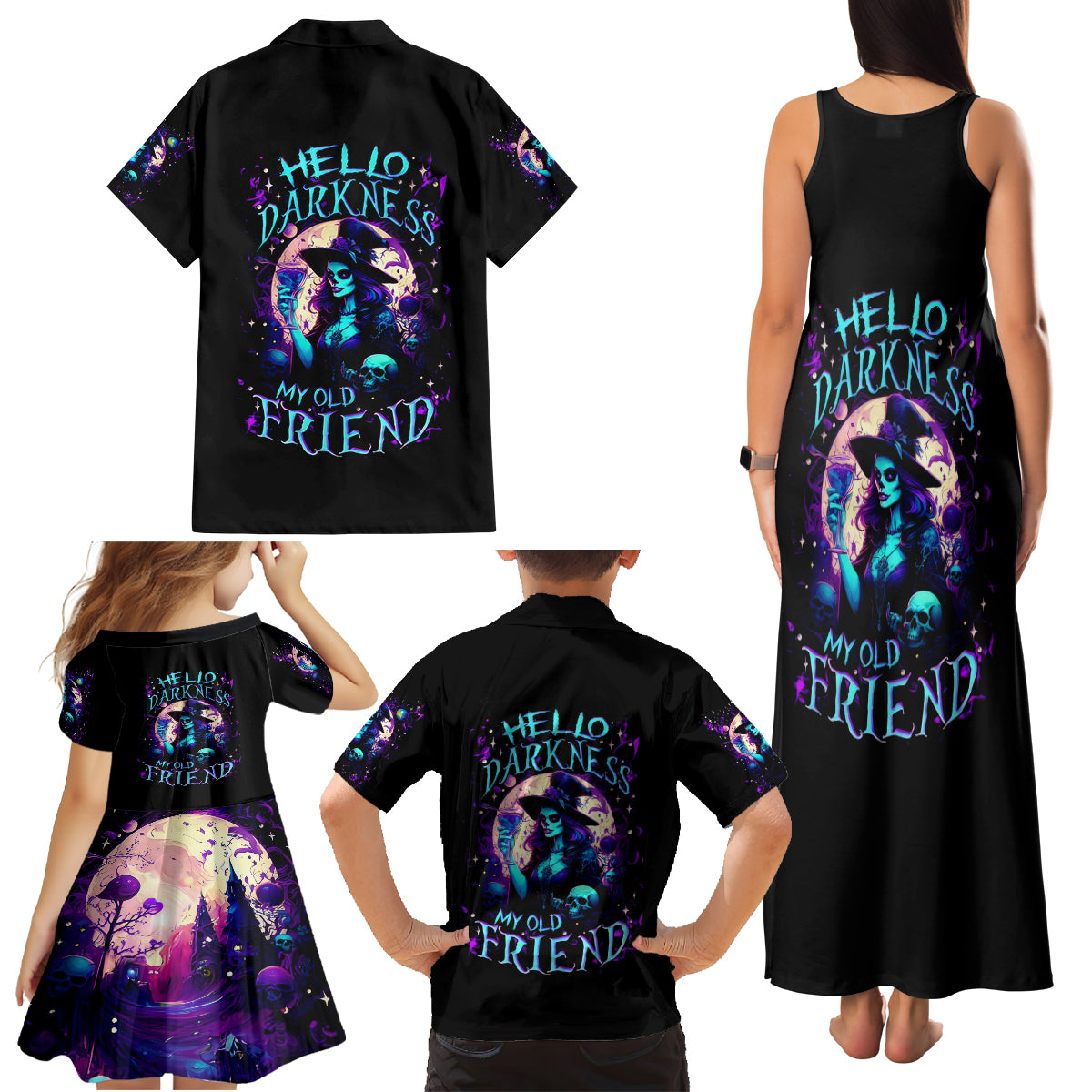 Witch Skull Family Matching Tank Maxi Dress and Hawaiian Shirt Hello Darkness My Old Friend - Wonder Print Shop