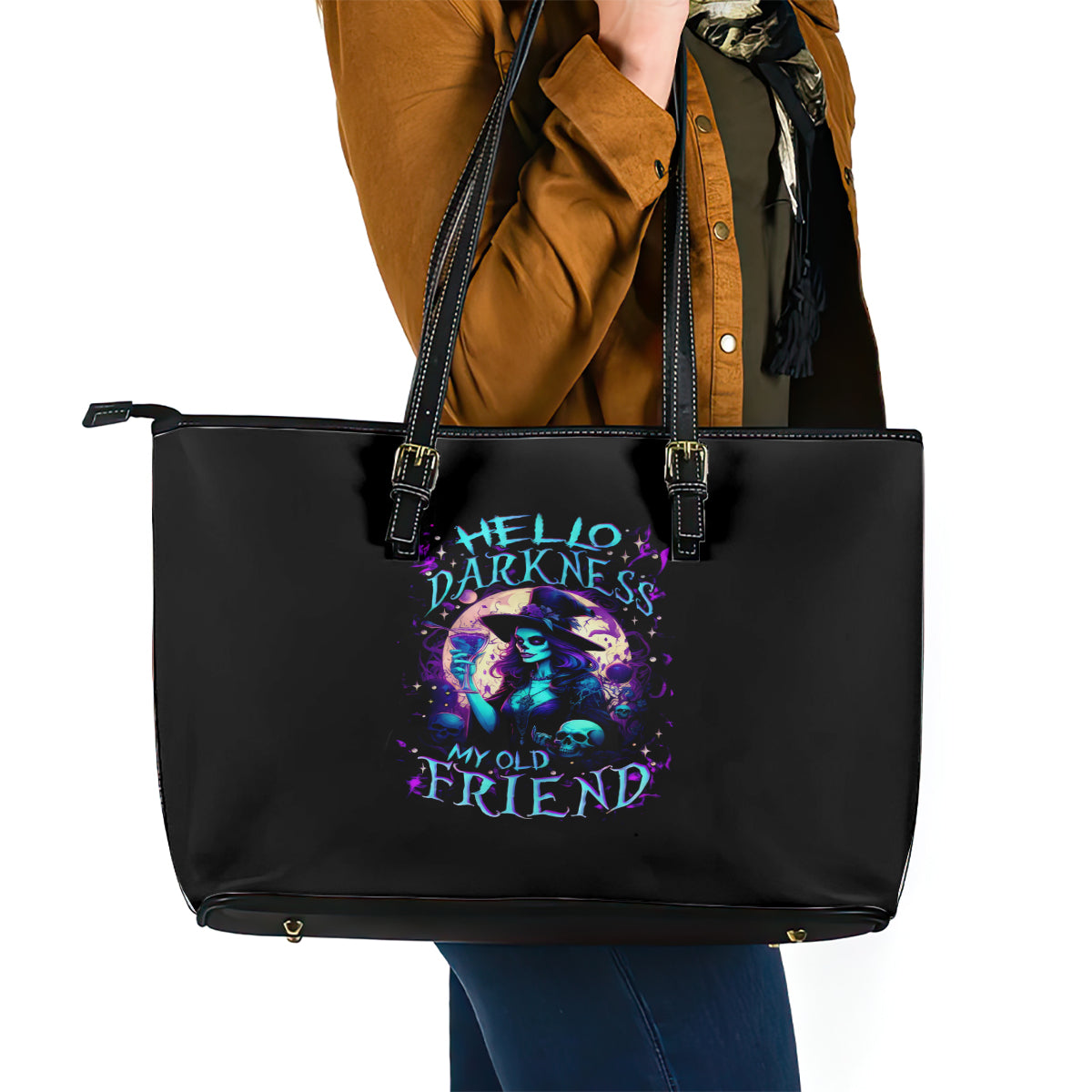 Witch Skull Leather Tote Bag Hello Darkness My Old Friend - Wonder Print Shop