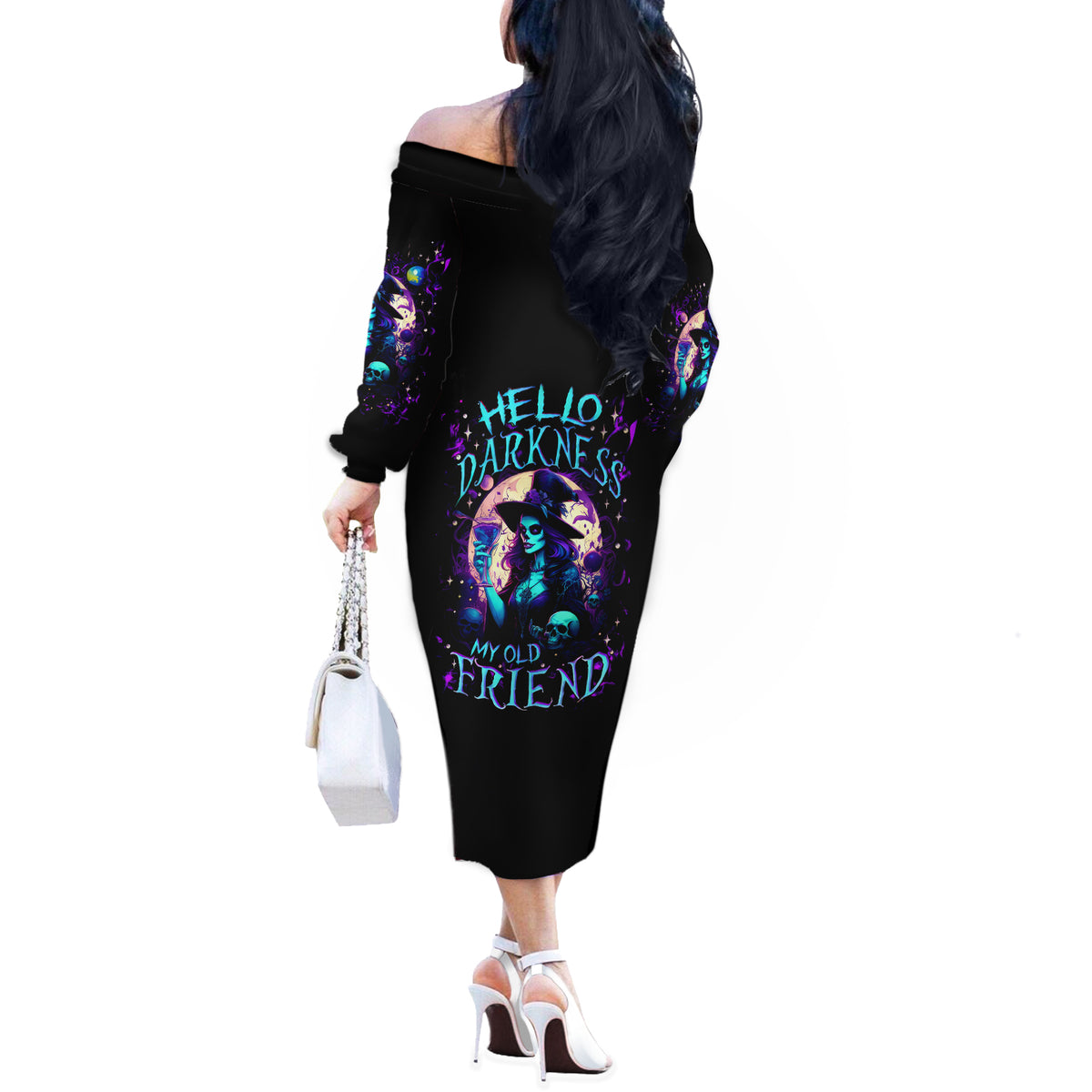 Witch Skull Off The Shoulder Long Sleeve Dress Hello Darkness My Old Friend - Wonder Print Shop