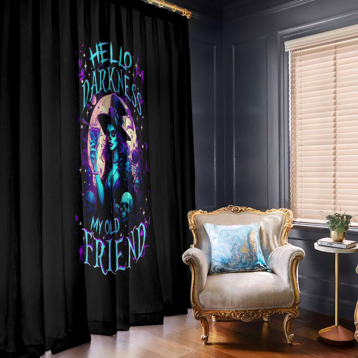 Witch Skull Window Curtain Hello Darkness My Old Friend - Wonder Print Shop