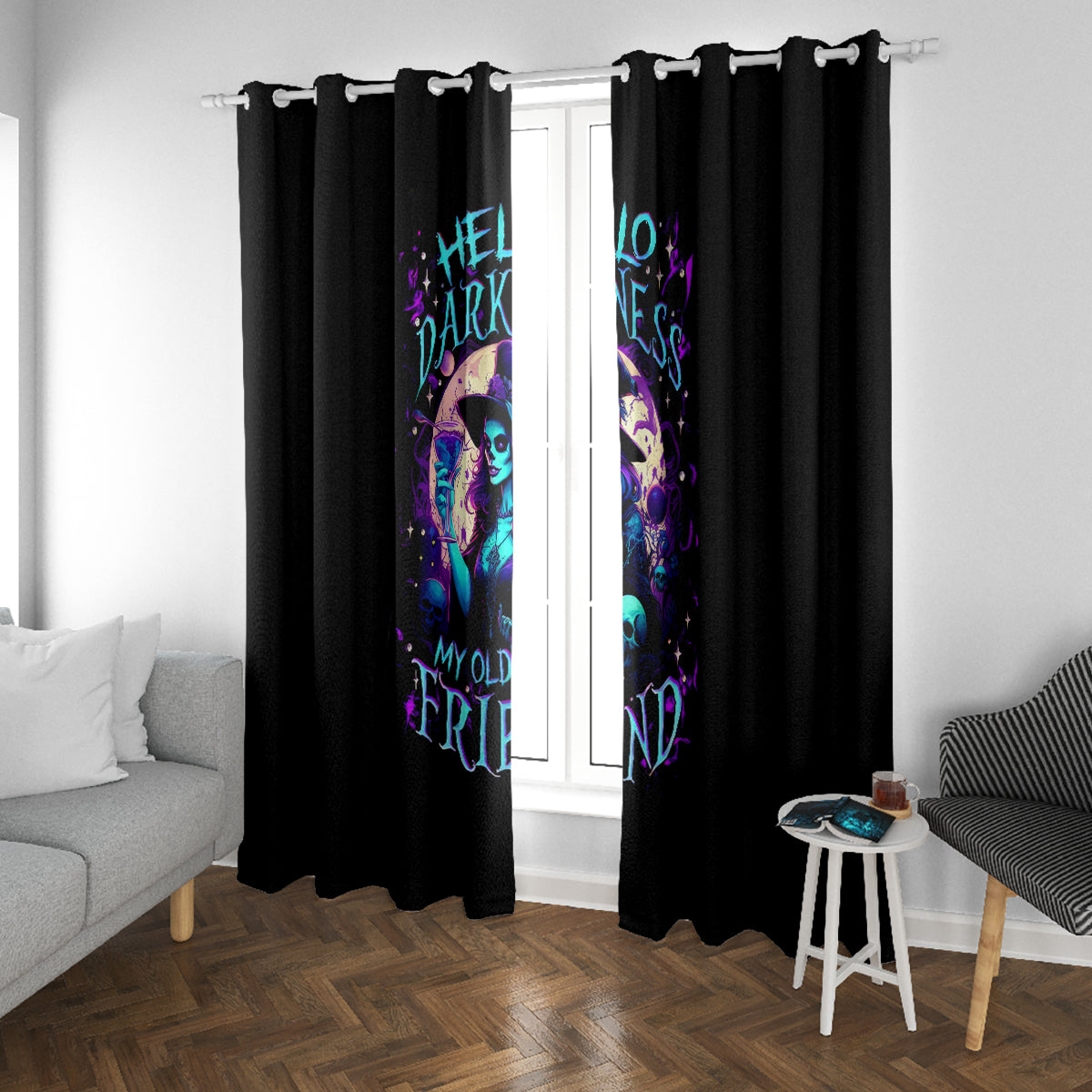 Witch Skull Window Curtain Hello Darkness My Old Friend - Wonder Print Shop