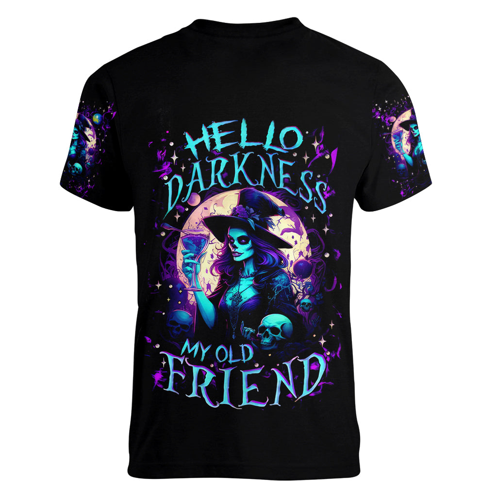 Witch Skull Women V Neck T Shirt Hello Darkness My Old Friend - Wonder Print Shop