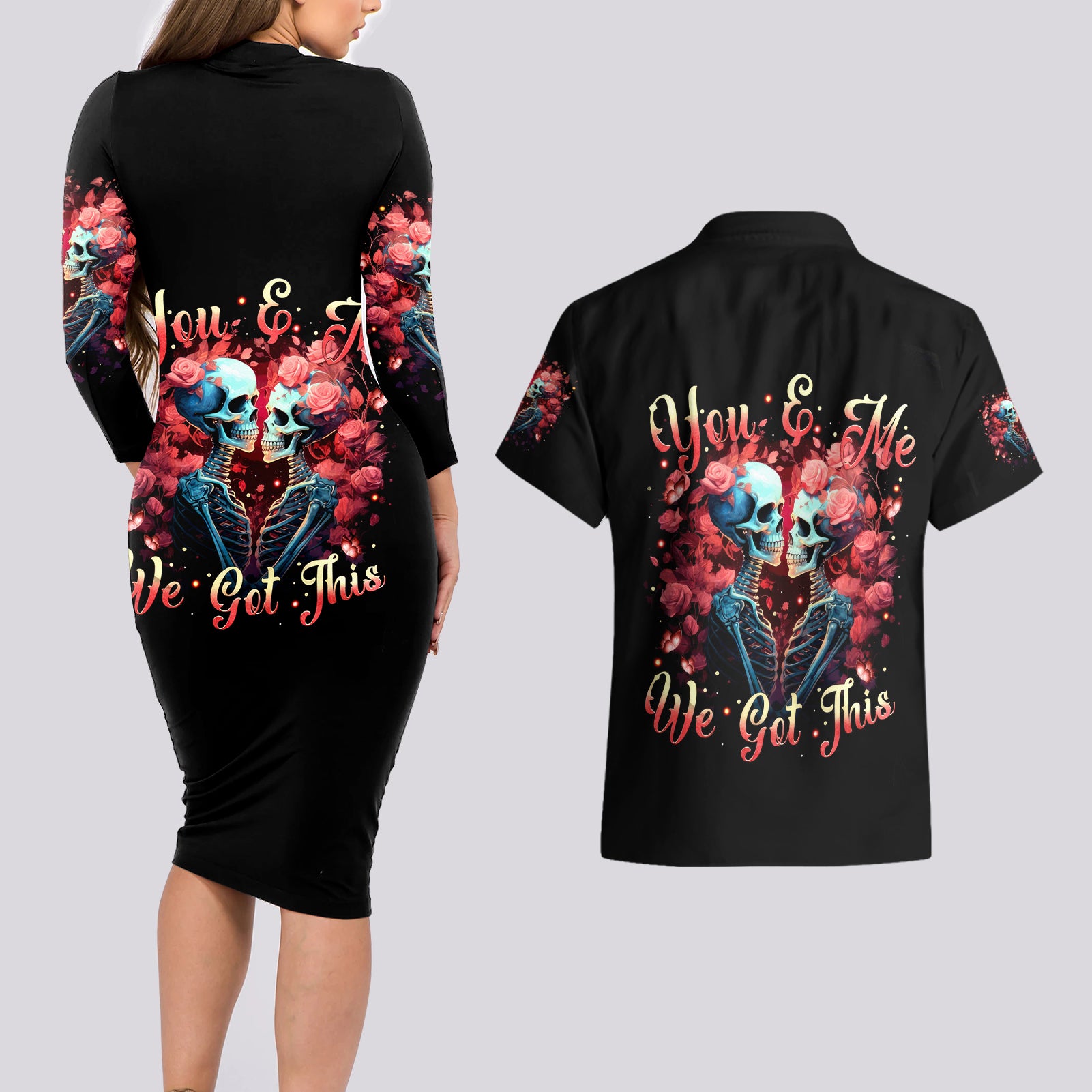 Couple Skull Couples Matching Long Sleeve Bodycon Dress and Hawaiian Shirt You & Me We Got This - Wonder Print Shop