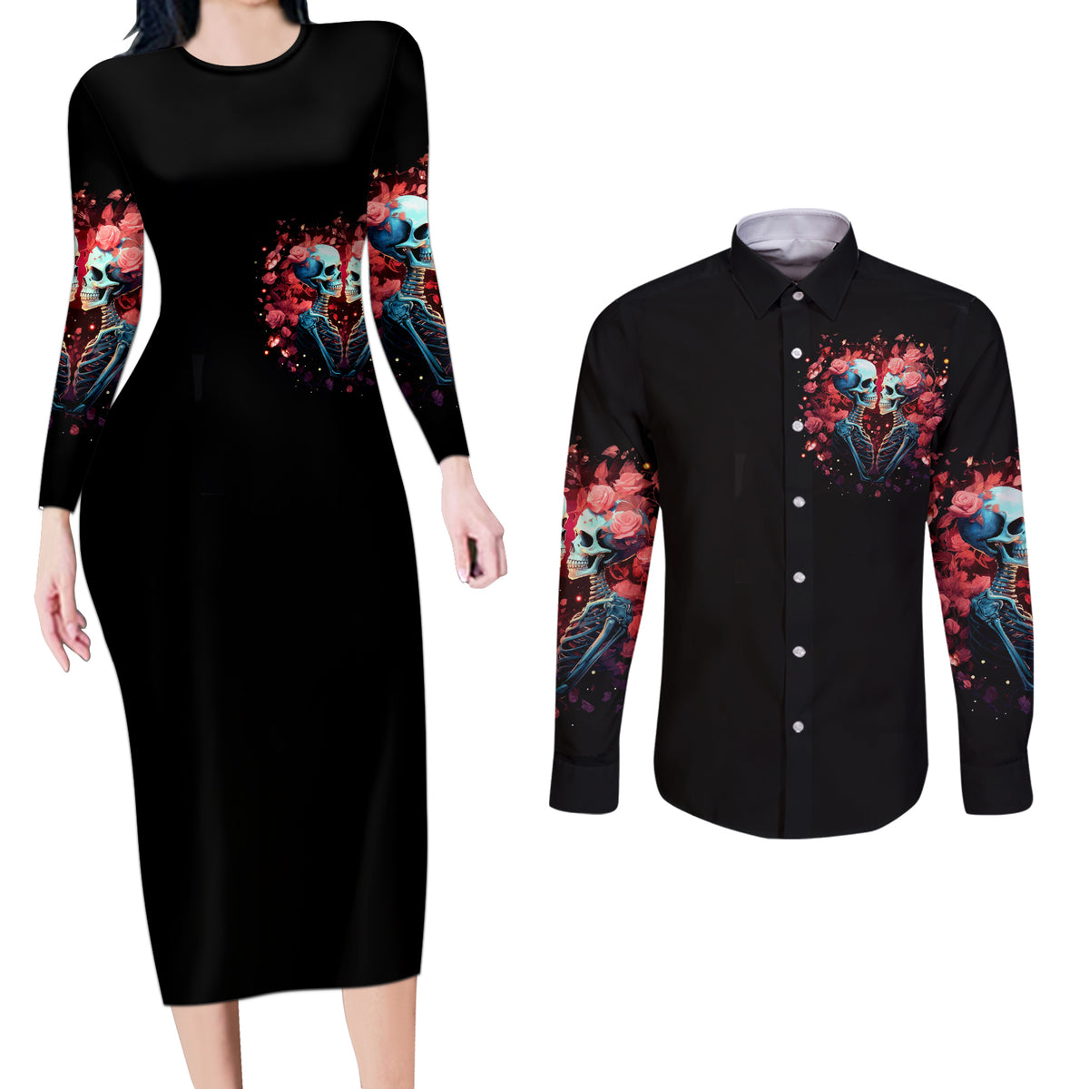 Couple Skull Couples Matching Long Sleeve Bodycon Dress and Long Sleeve Button Shirt You & Me We Got This - Wonder Print Shop