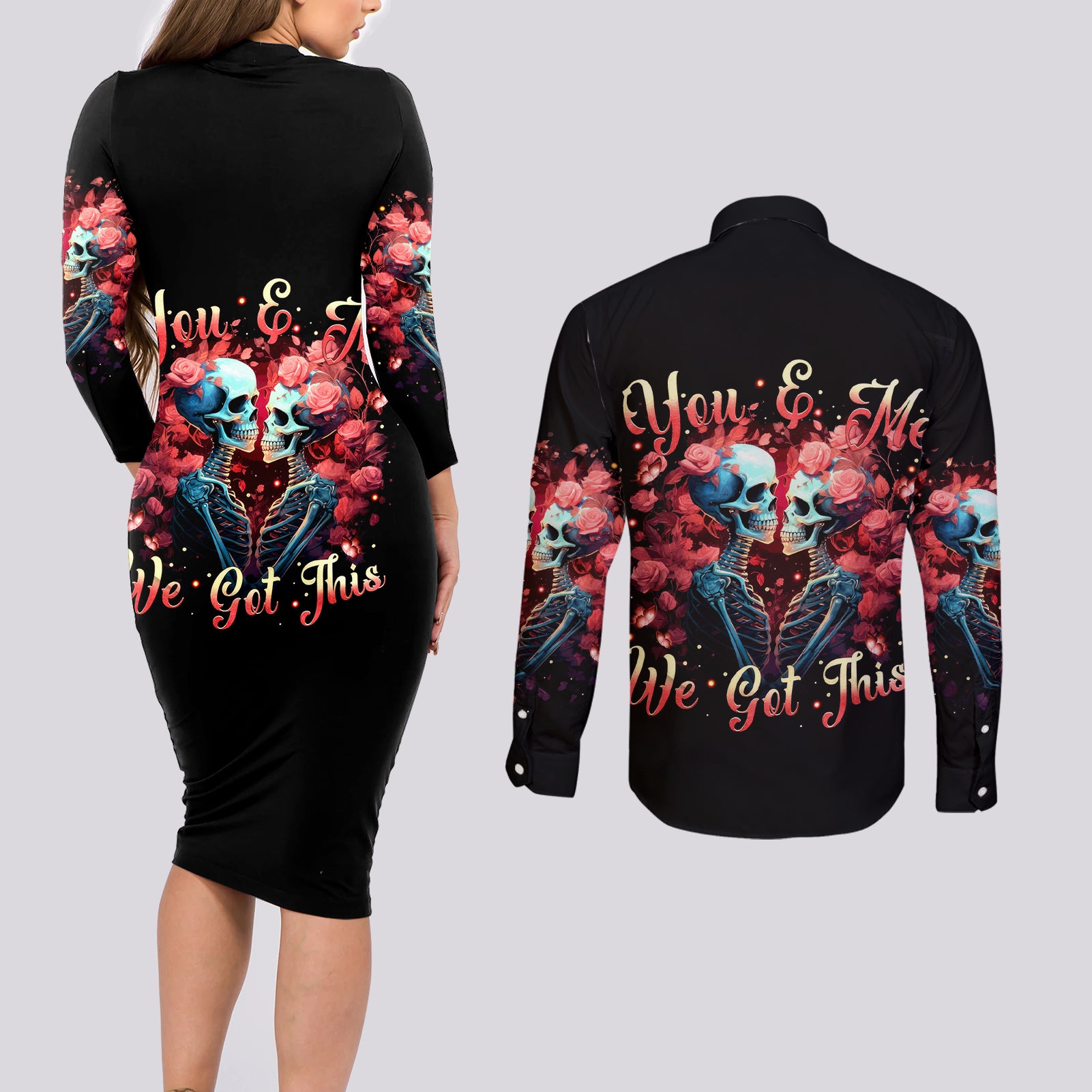 Couple Skull Couples Matching Long Sleeve Bodycon Dress and Long Sleeve Button Shirt You & Me We Got This - Wonder Print Shop