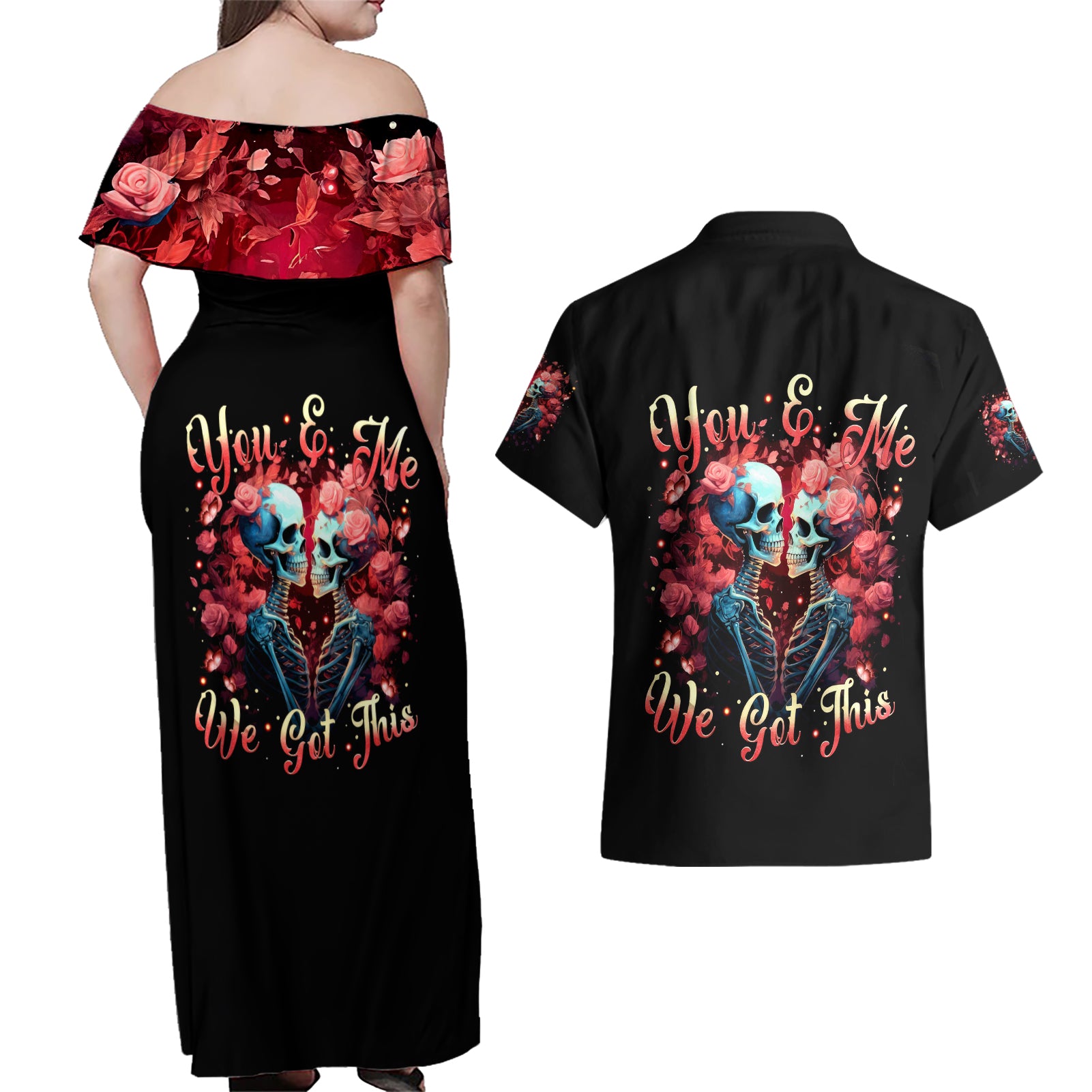 Couple Skull Couples Matching Off Shoulder Maxi Dress and Hawaiian Shirt You & Me We Got This - Wonder Print Shop