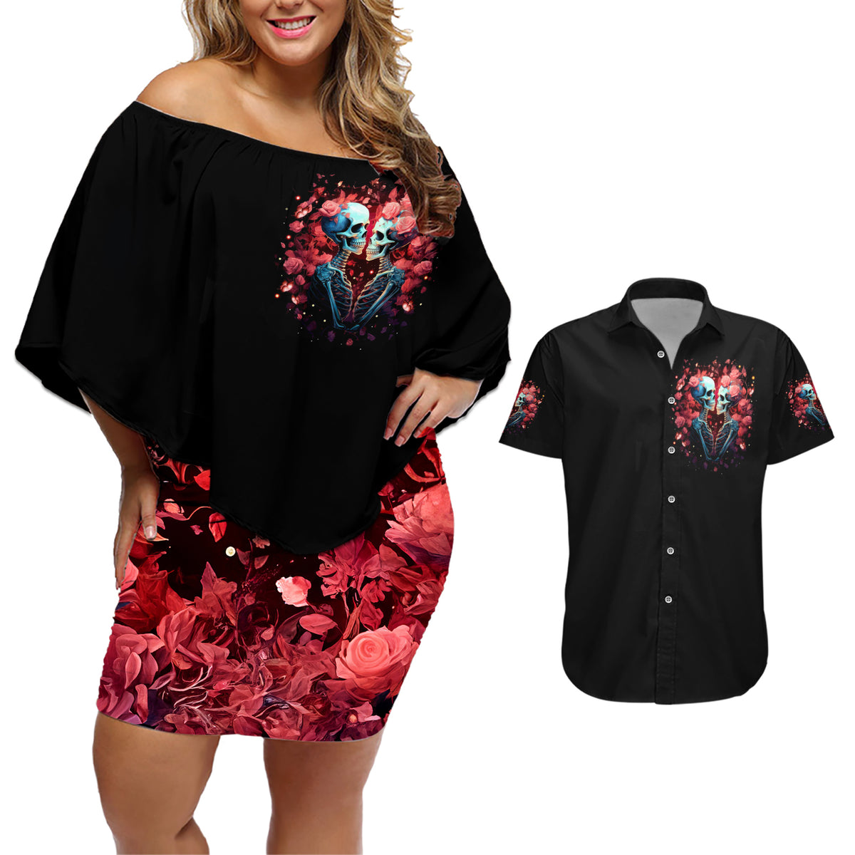 Couple Skull Couples Matching Off Shoulder Short Dress and Hawaiian Shirt You & Me We Got This - Wonder Print Shop