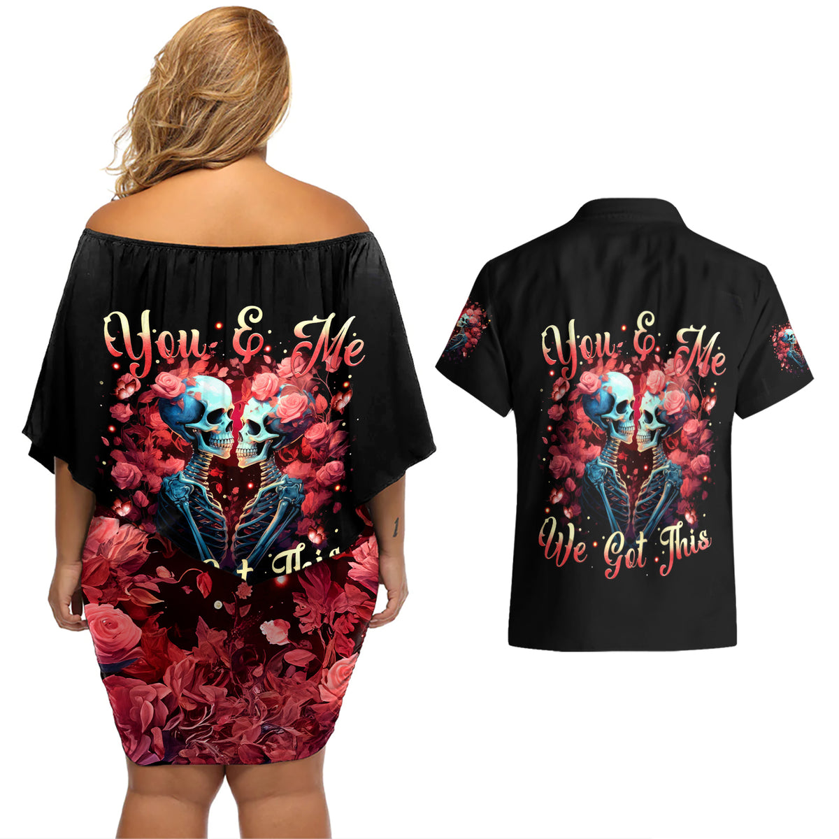Couple Skull Couples Matching Off Shoulder Short Dress and Hawaiian Shirt You & Me We Got This - Wonder Print Shop